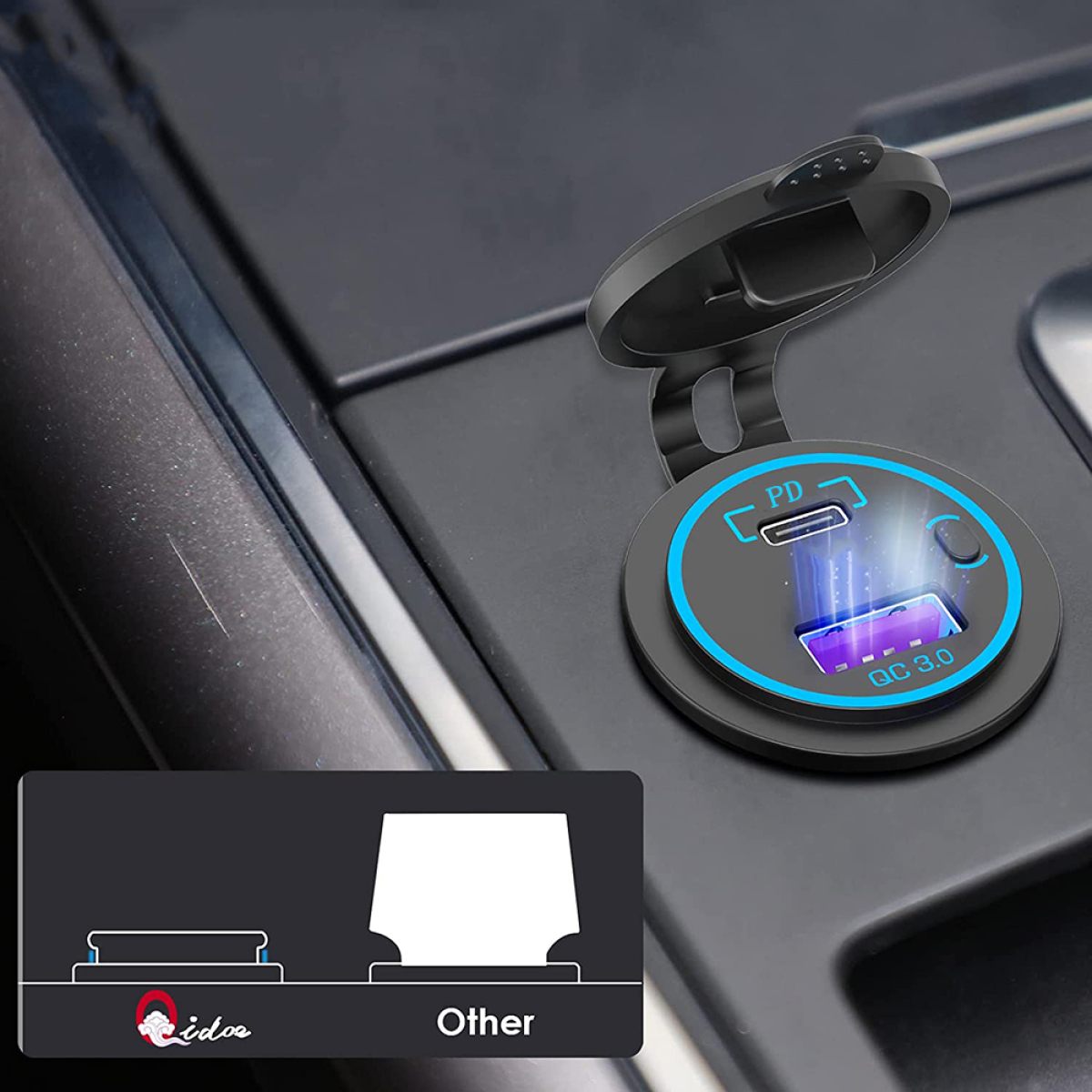Auto-USB-Ladegerät mit offenem Deckel, blauem Licht und Text: PD und QC 3.0.