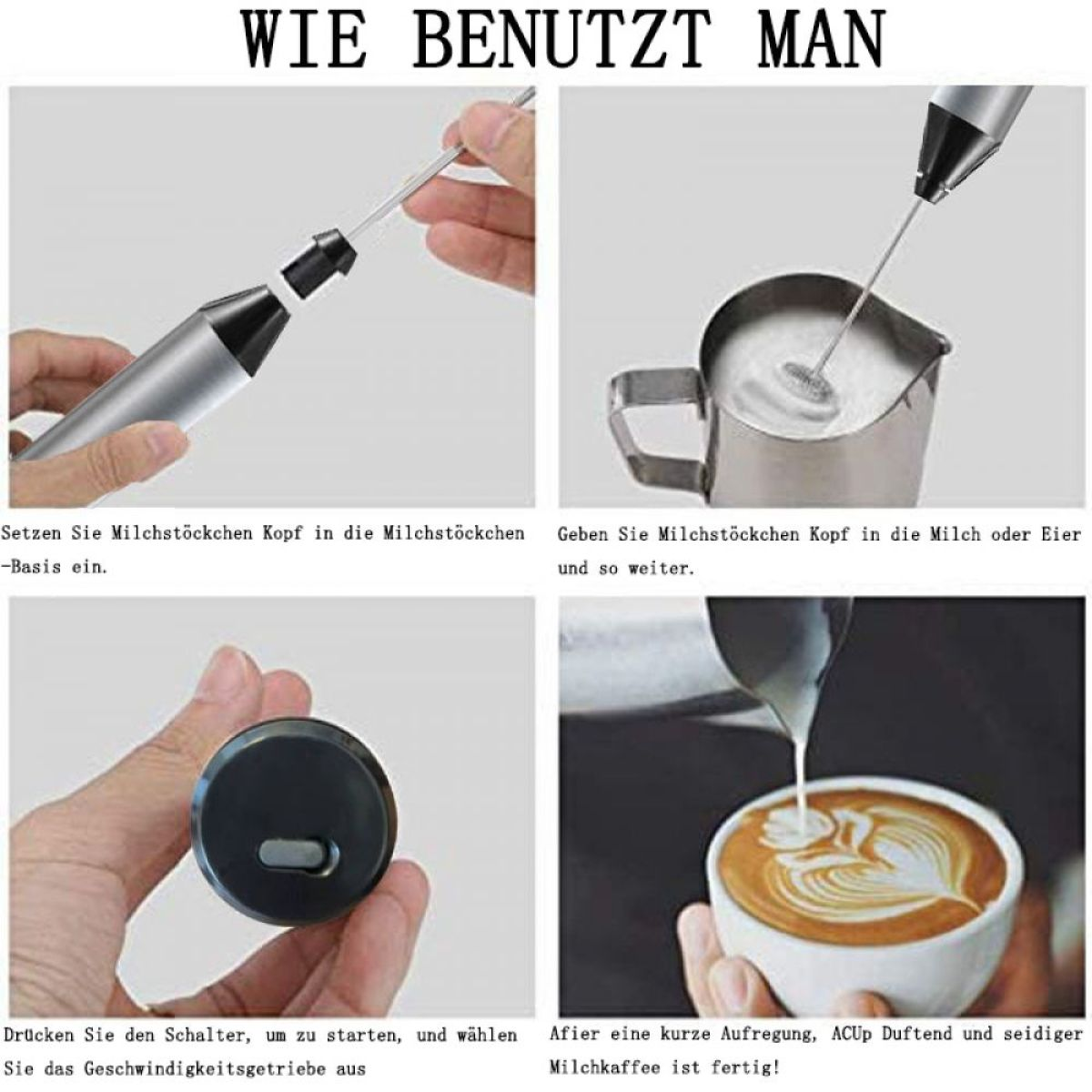 Anweisungen: Milchaufschäumer verwenden. Milch aufschäumen, einschalten. Kaffeetasse mit Latte Art.