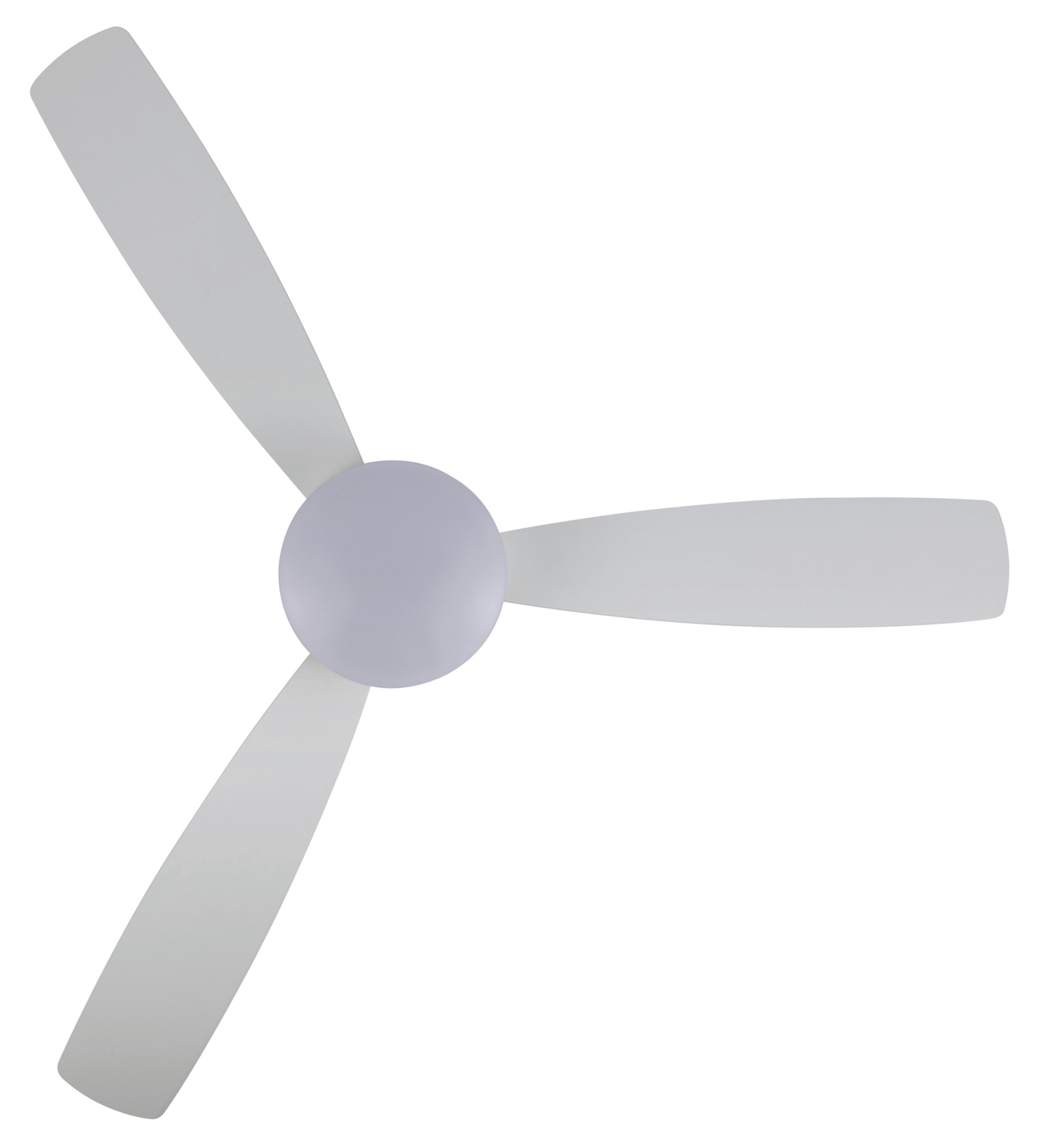 Ein weißer Deckenventilator mit drei Flügeln, von unten betrachtet.