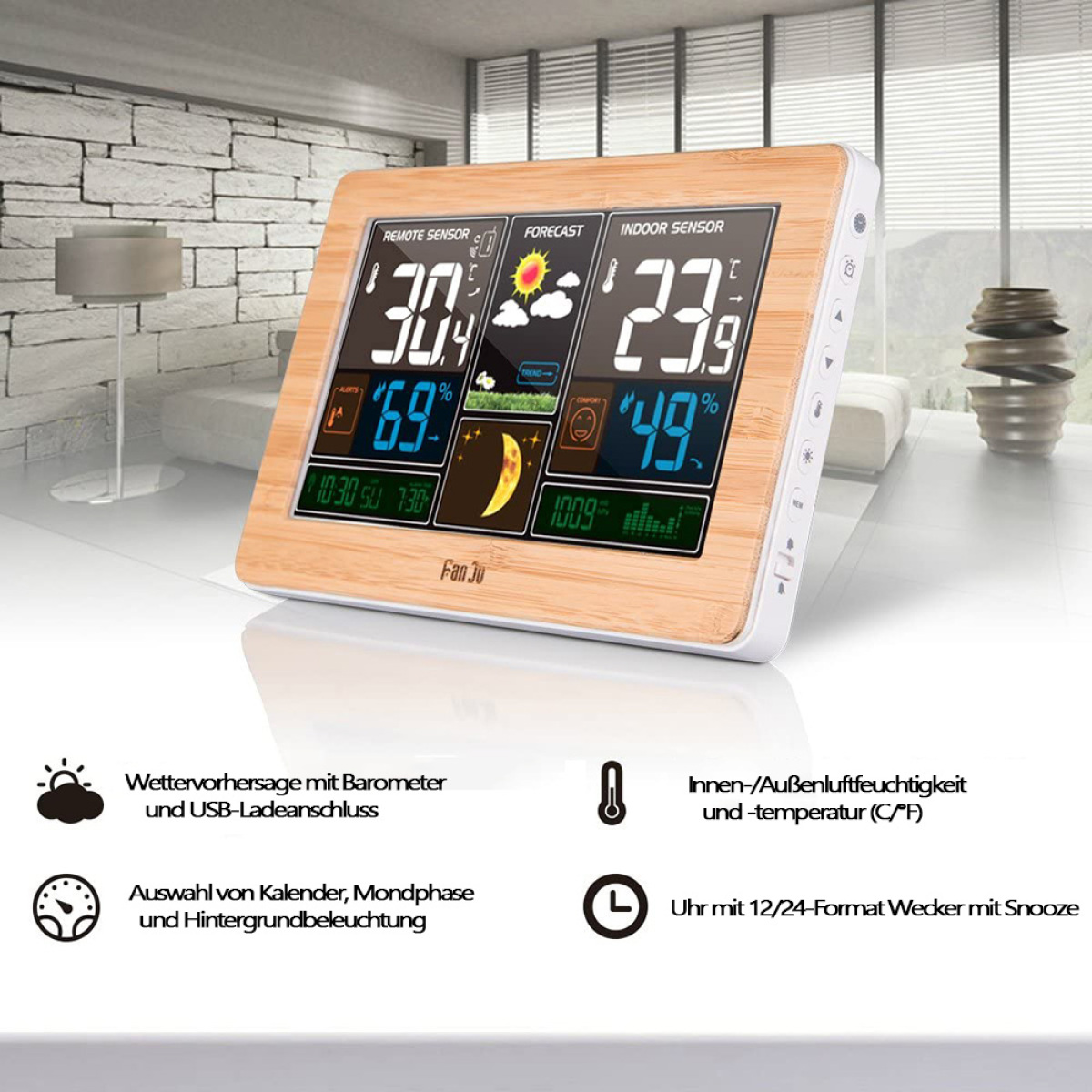 Digitale Wetterstation mit Wetterdaten, inkl. Fern- und Innensensoranzeigen.