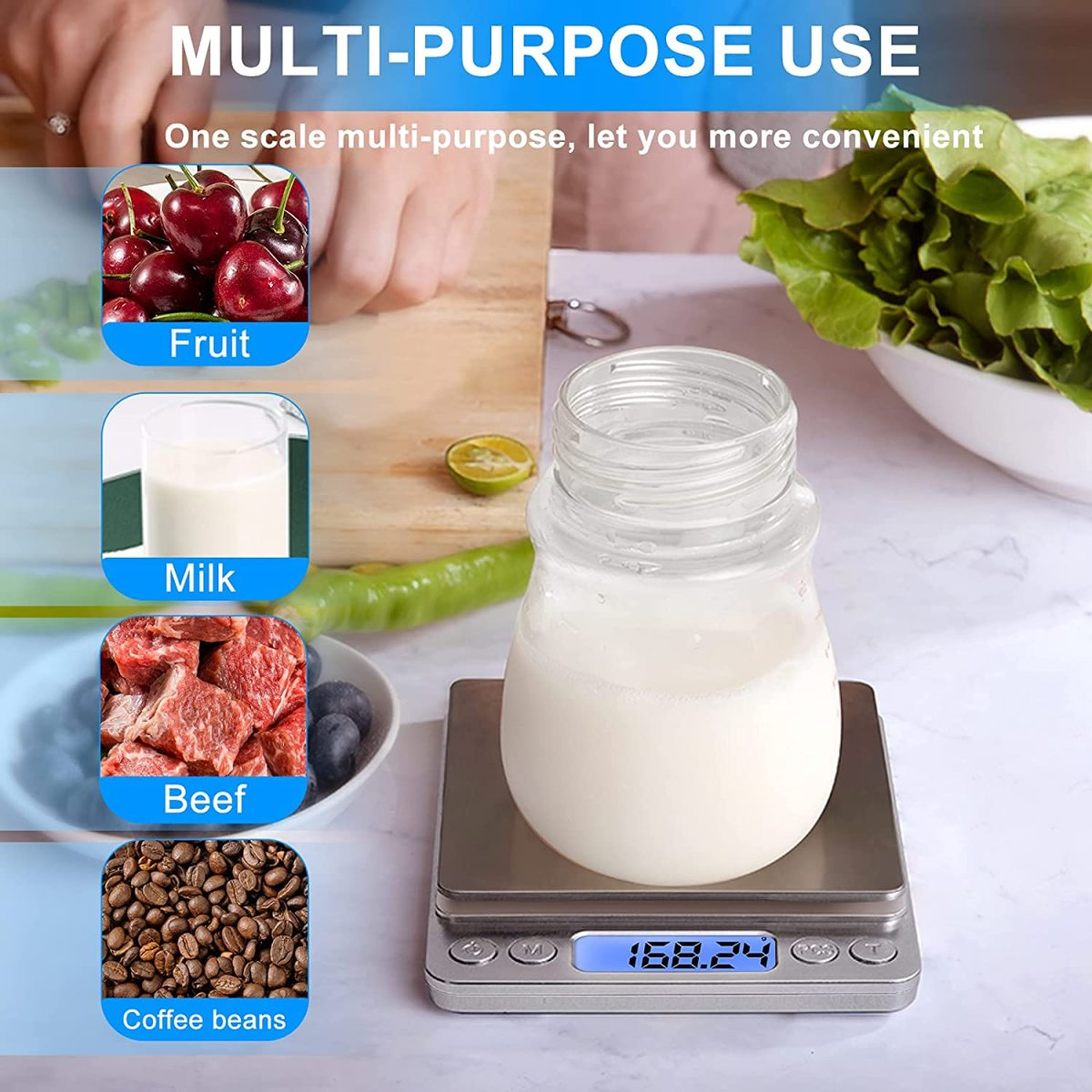 Eine Waage mit einem Glas Milch und Bildern von Obst, Rindfleisch und Kaffeebohnen.