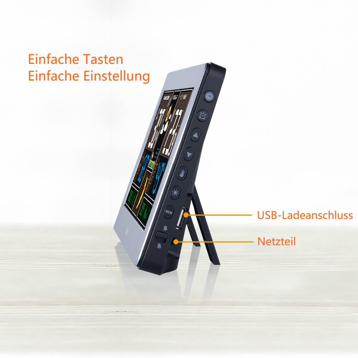 Tablet-Gerät auf einem Ständer, mit Anmerkungen, die auf USB- und Stromanschluss-Positionen zeigen.