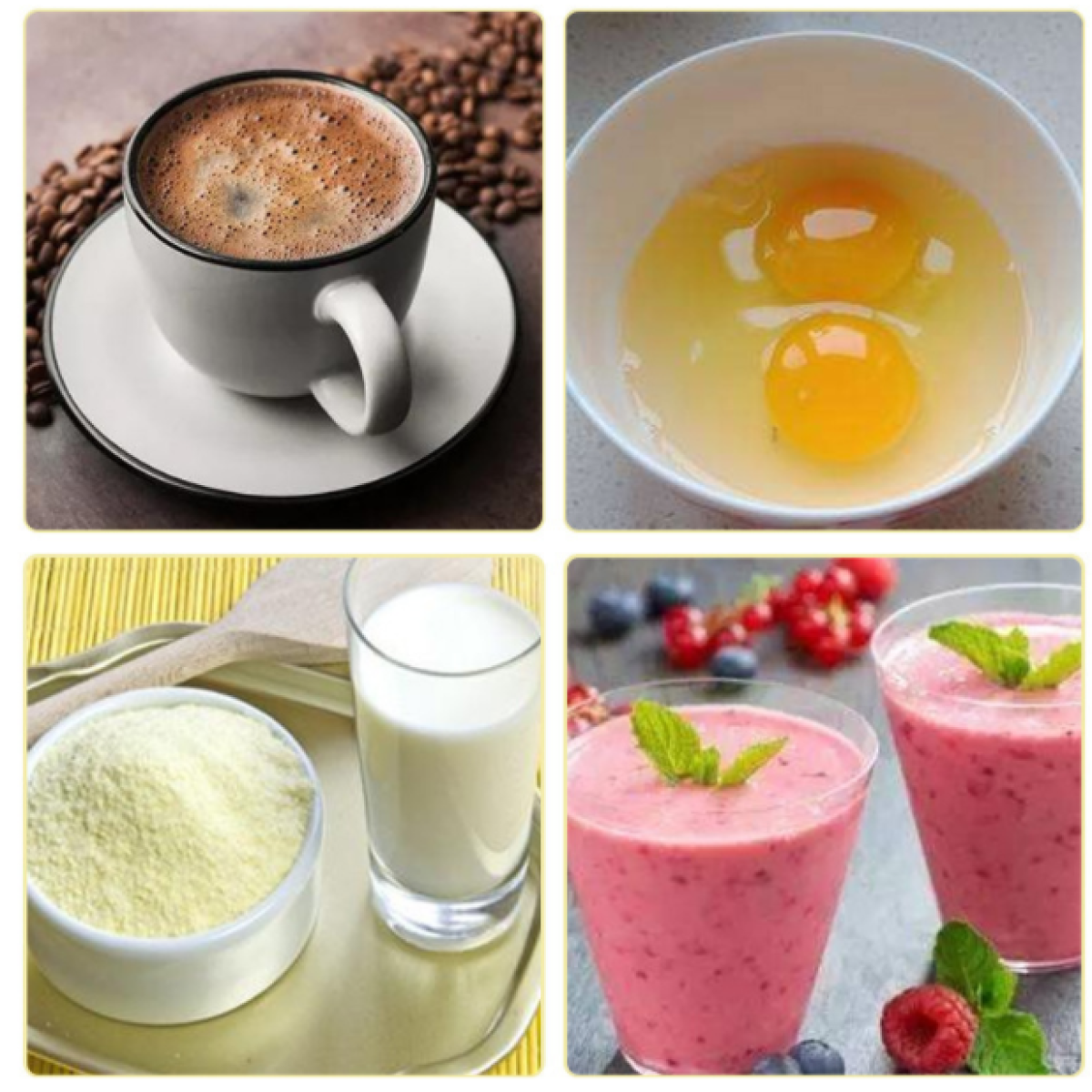 Vier Bilder: Kaffeetasse, Eier, Milch und Pulver sowie Smoothies mit Beeren.