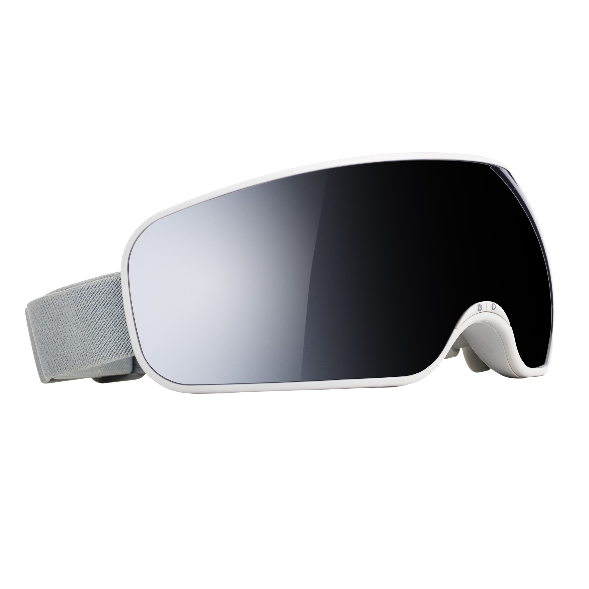 Weiße und graue Skibrille mit verspiegelter Linse, isoliert auf weißem Hintergrund.