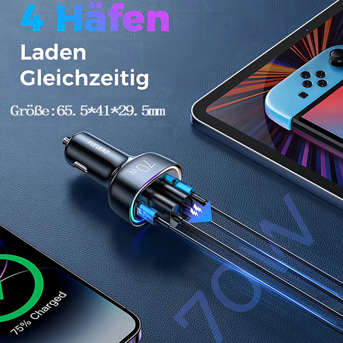 Ein schwarzes Autoladegerät mit mehreren Ladeanschlüssen, einem Tablet und einem Telefon.