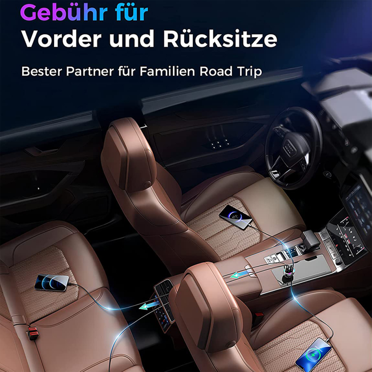 Innenansicht des Autos mit braunen Ledersitzen, Ladegeräten und dem Titeltext.