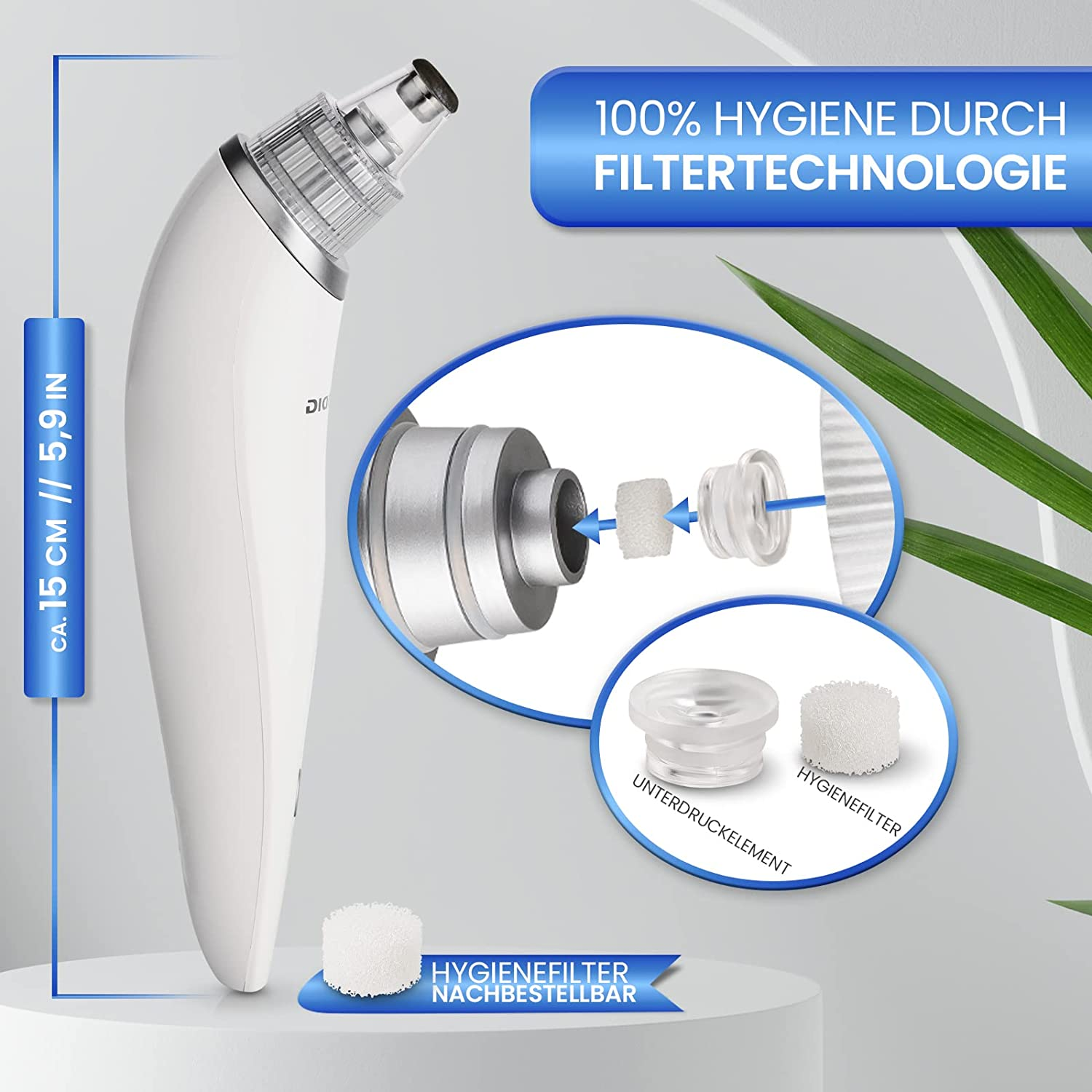 Weißes Hautpflegegerät, Nahaufnahme mit Filterelementen und Text zur Hygiene.