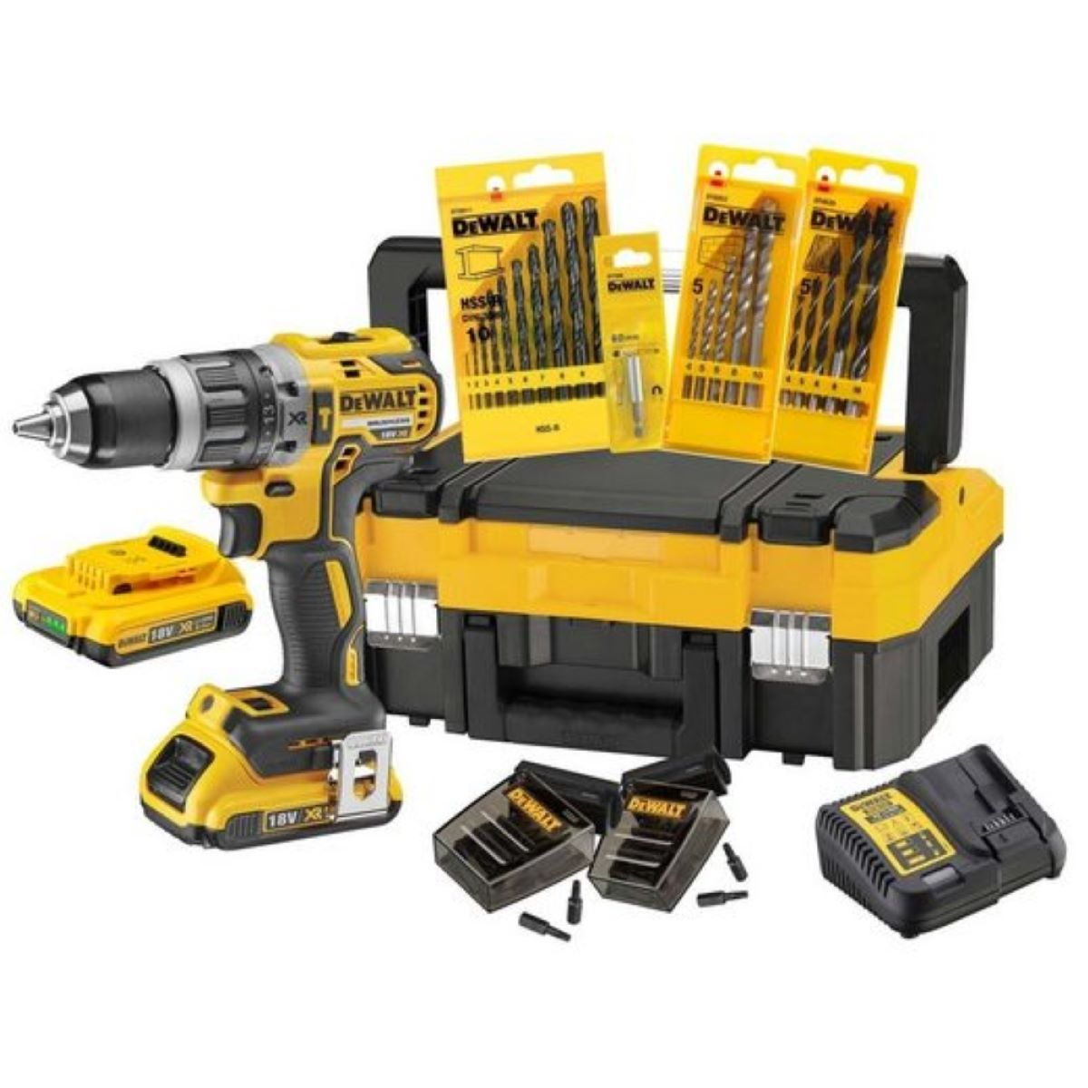 Trapano DeWalt giallo e nero, batterie e accessori in una custodia nera, sfondo bianco.
