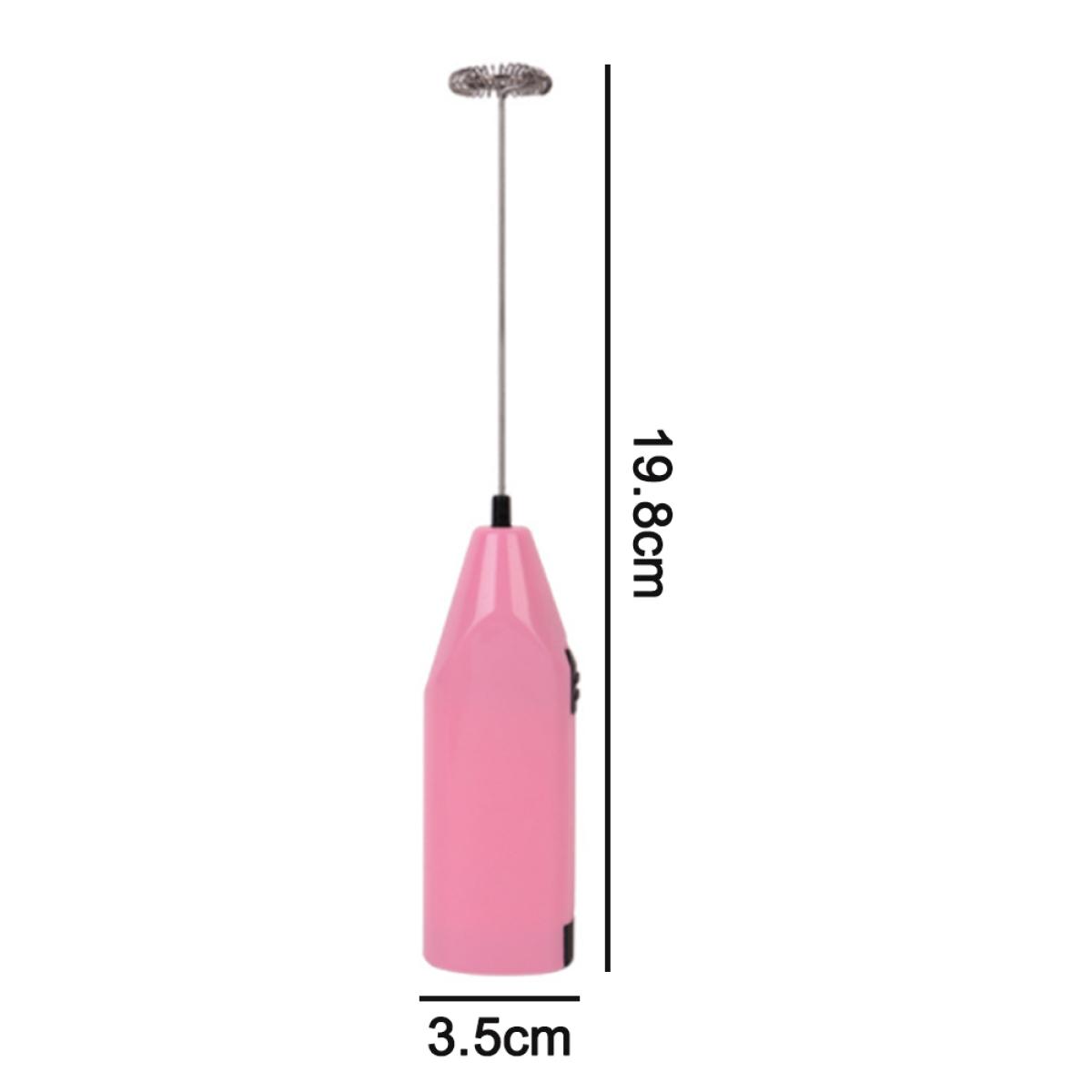 Rosa Milchaufschäumer mit Messungen, langem Griff und Quirlkopf.