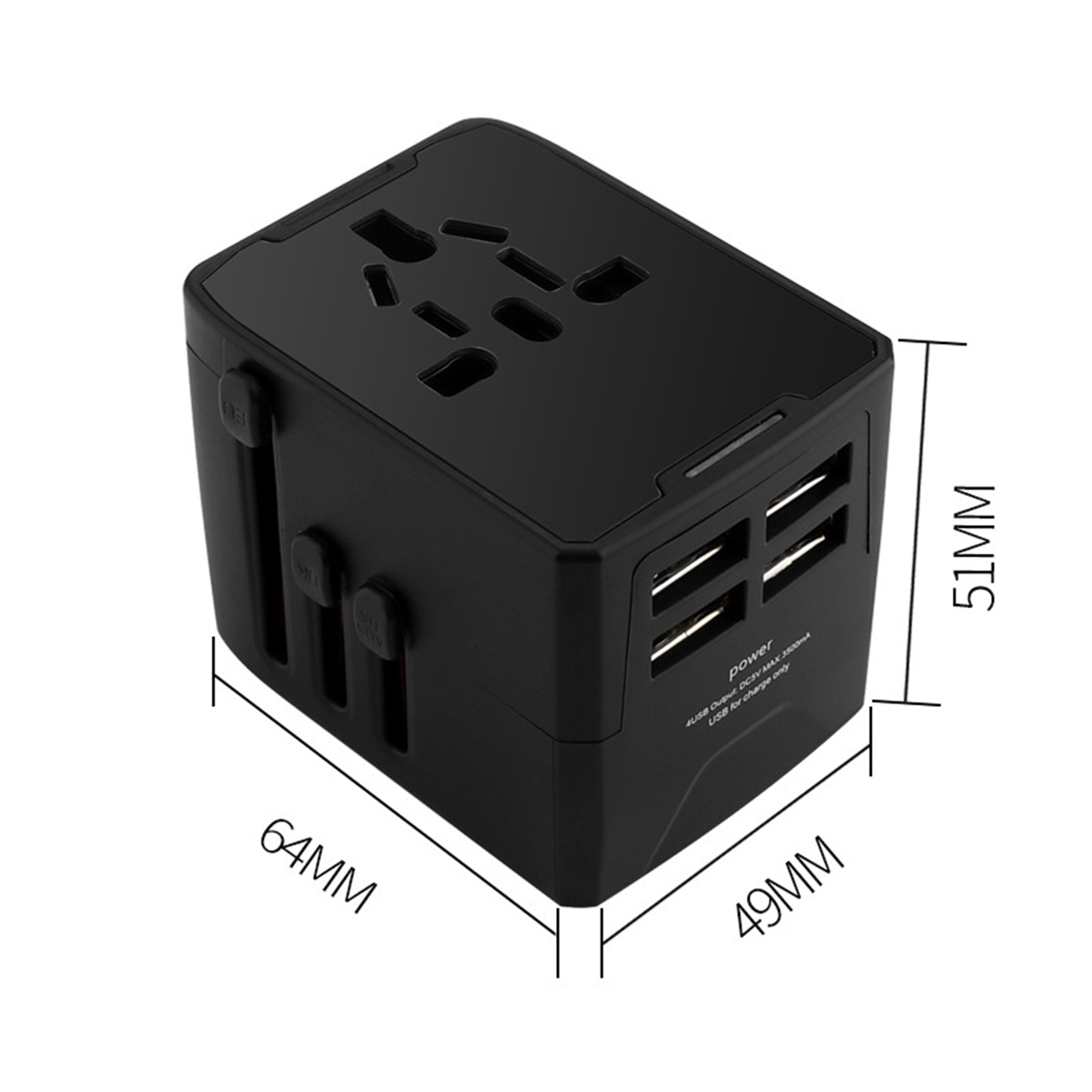 Schwarzer Universal-Reiseadapter mit verschiedenen Steckerkonfigurationen und USB-Anschlüssen.