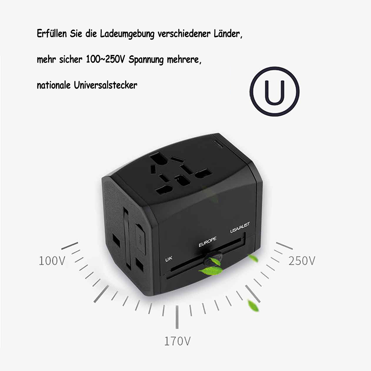 Schwarzer Universaladapter mit verschiedenen Steckertypen, beschriftet UK, Europa, USA/AUST.