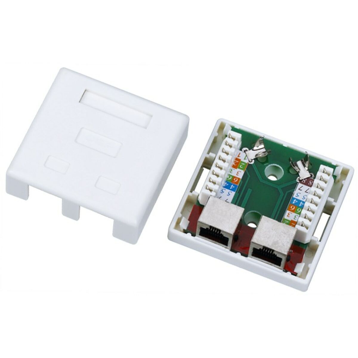Scatola di giunzione connettore RJ45 bianca con coperchio rimosso, che mostra il cablaggio interno e due porte RJ45.
