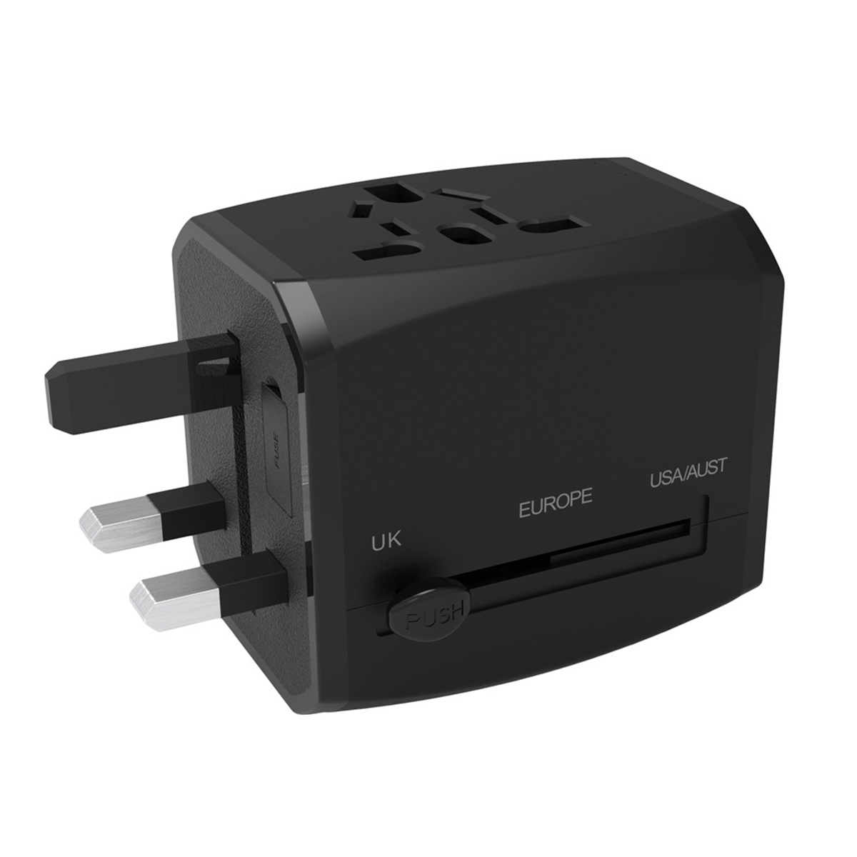 Schwarzer Reiseadapter mit UK, Europa und USA/Aust Stecker.