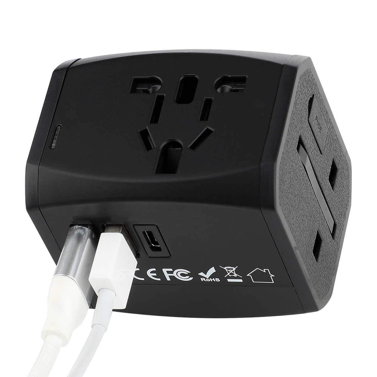 Schwarzer Reiseadapter mit mehreren Steckern und USB-Anschlüssen.
