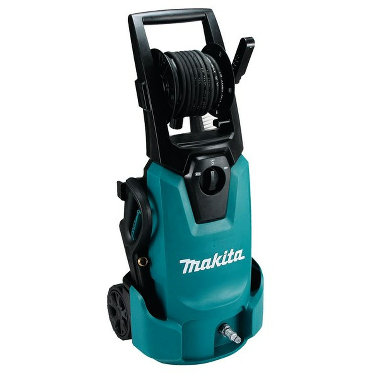 Un'idropulitrice Makita turchese. Ha un avvolgitore per tubo e ruote. Makita è scritto sopra.