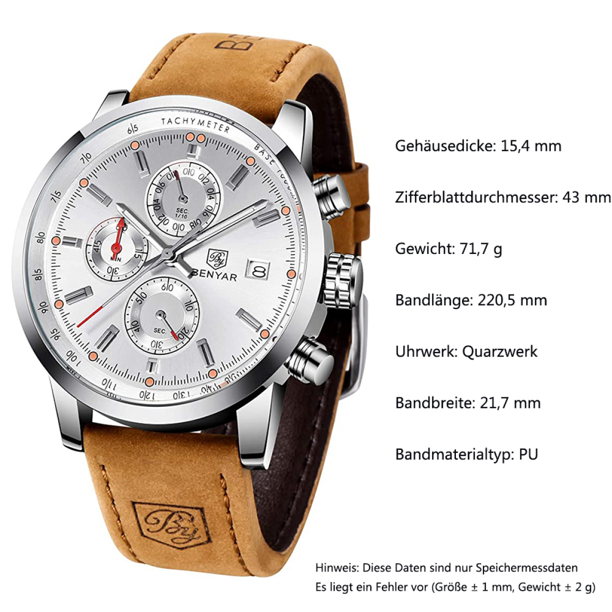 Nahaufnahme einer silbernen Uhr mit braunem Lederarmband, mit Maßangaben.