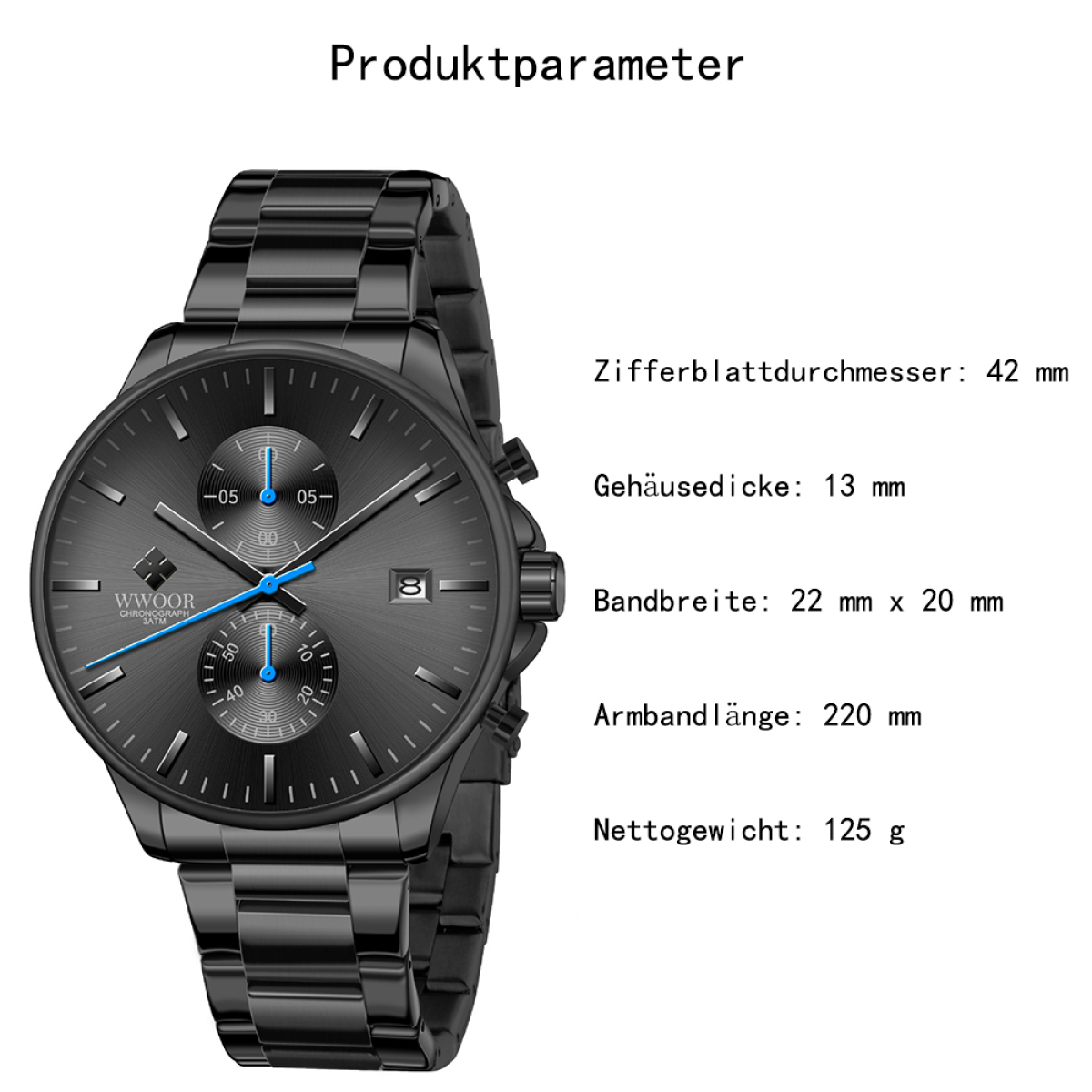 Schwarze Armbanduhr mit schwarzem Band und blauen Akzenten. Produktparameter werden ebenfalls angezeigt.