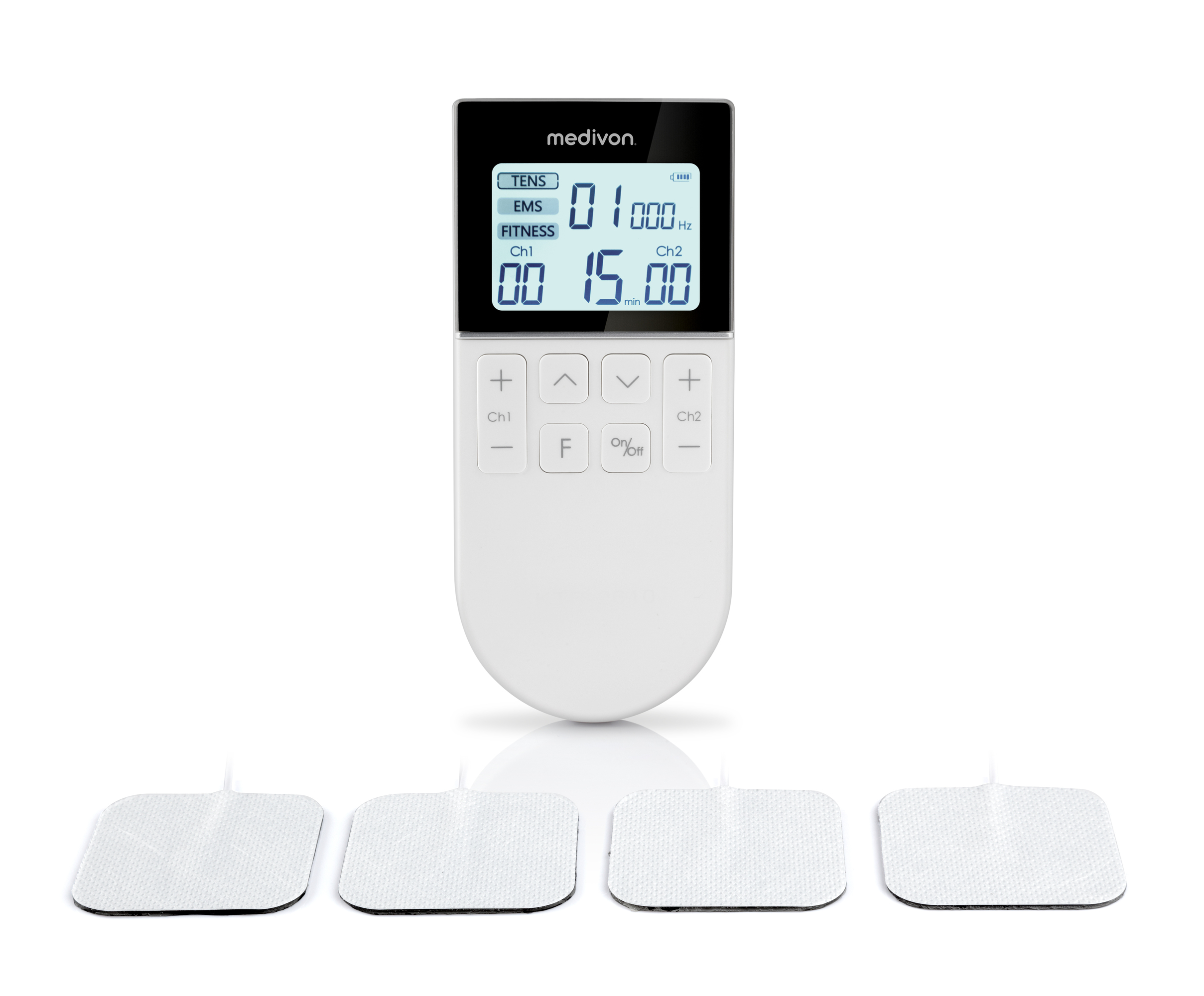Dispositivo medico bianco con schermo e pulsanti, quattro cuscinetti sotto. Visualizza fitness e tempo.