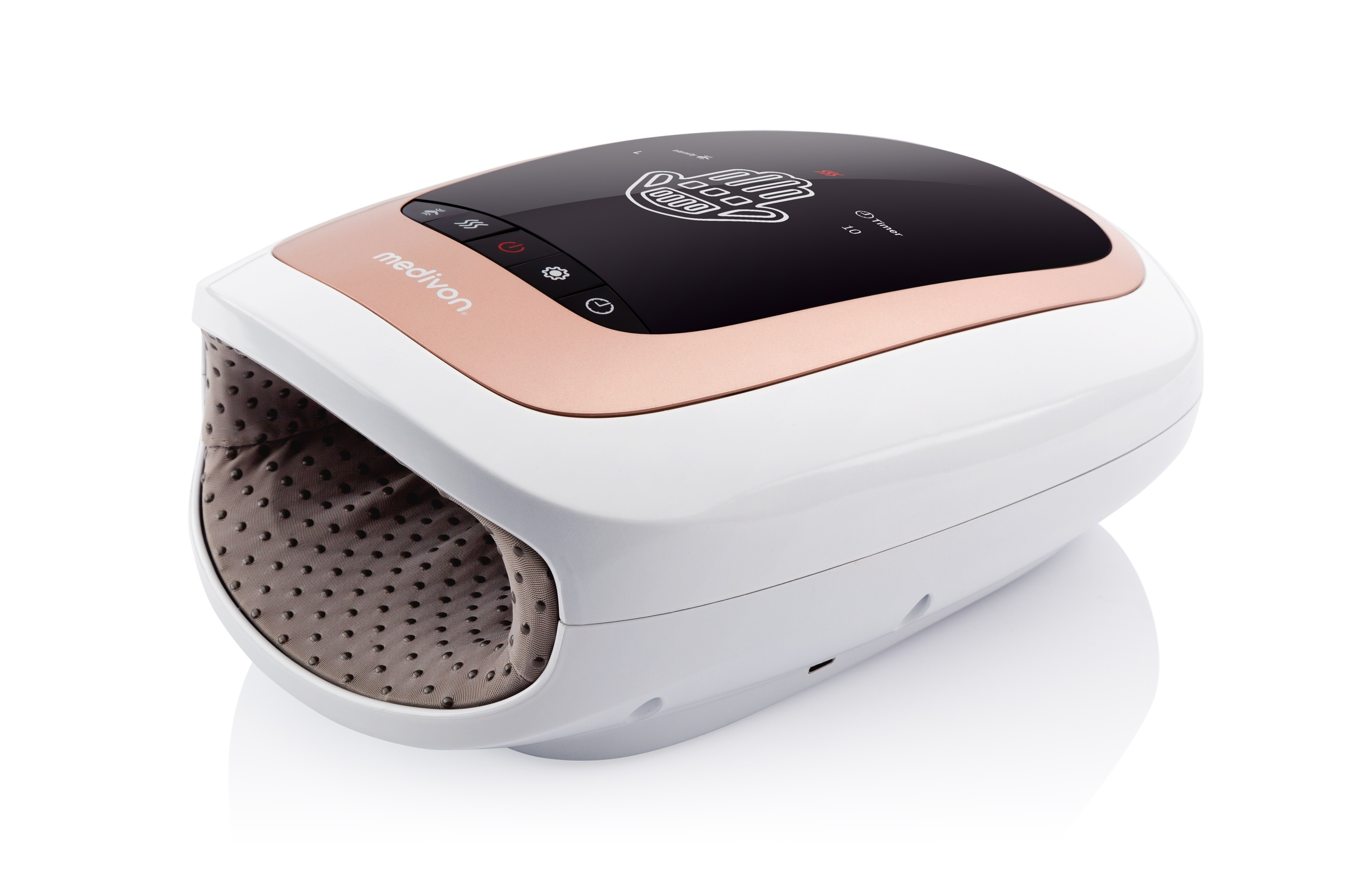 Weißes und roségoldenes Handmassagegerät mit zwei Handöffnungen.