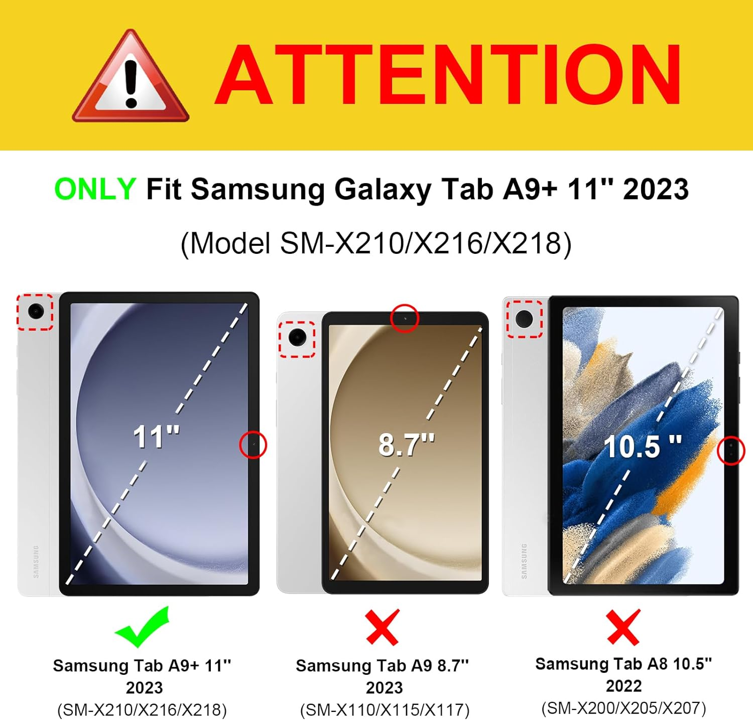 Bild mit drei Tablet-Bildschirmen in verschiedenen Größen, die die Kompatibilität für Samsung Tab A9+ 11" 2023 vergleichen.
