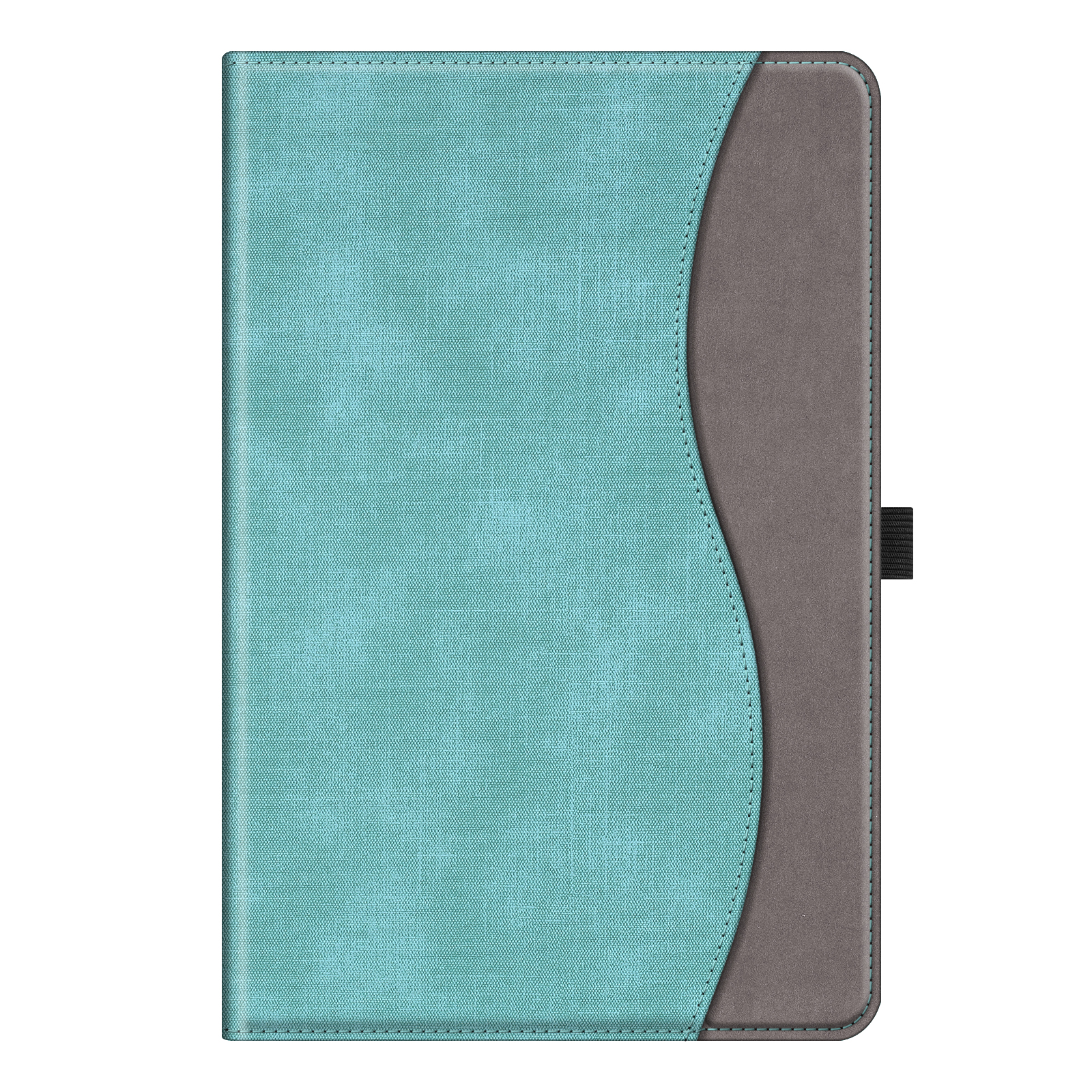 Blau-graues Tablet-Etui. Die blaue Seite ist strukturiert, mit grauer, geschwungener Kante.