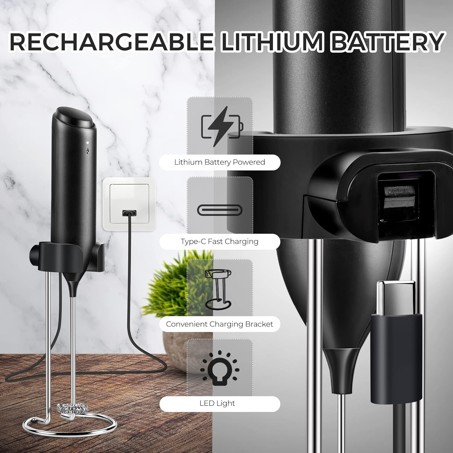 Schwarzer kabelloser Milchaufschäumer mit Ladegerät, USB-Kabel und Symbolen.