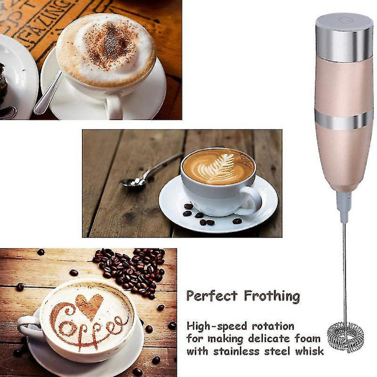 Kaffeetassen, Kaffeebohnen und ein Aufschäumgerät. Text: Perfektes Aufschäumen. Hochgeschwindigkeitsrotation.