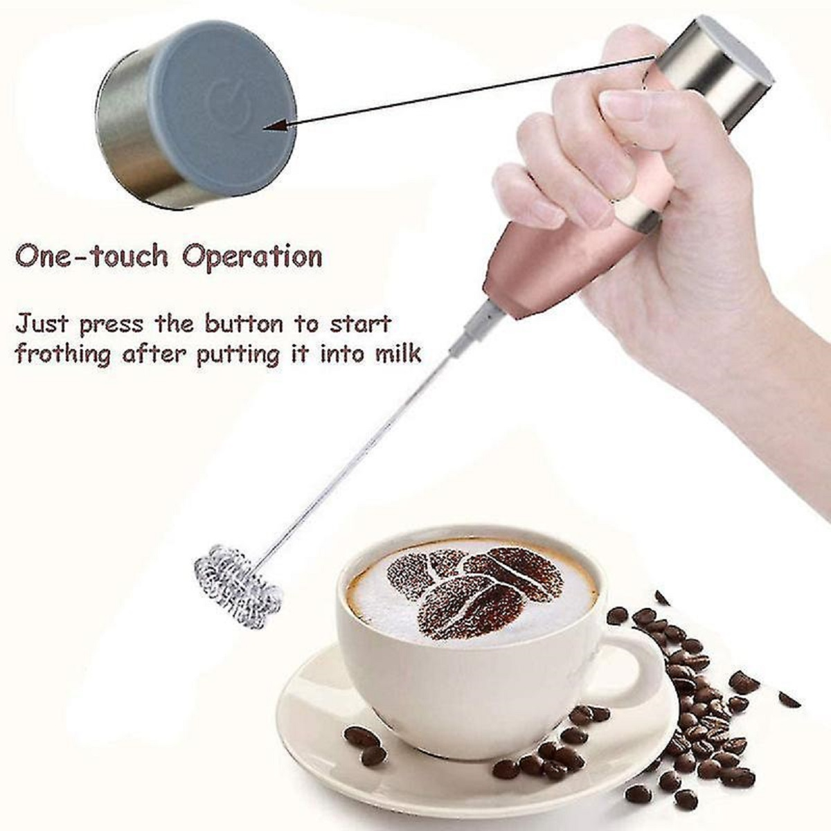 Hand hält einen Milchaufschäumer. Kaffeetasse mit Kaffeebohnen-Bild. Ein-Knopf-Bedienung ist geschrieben.