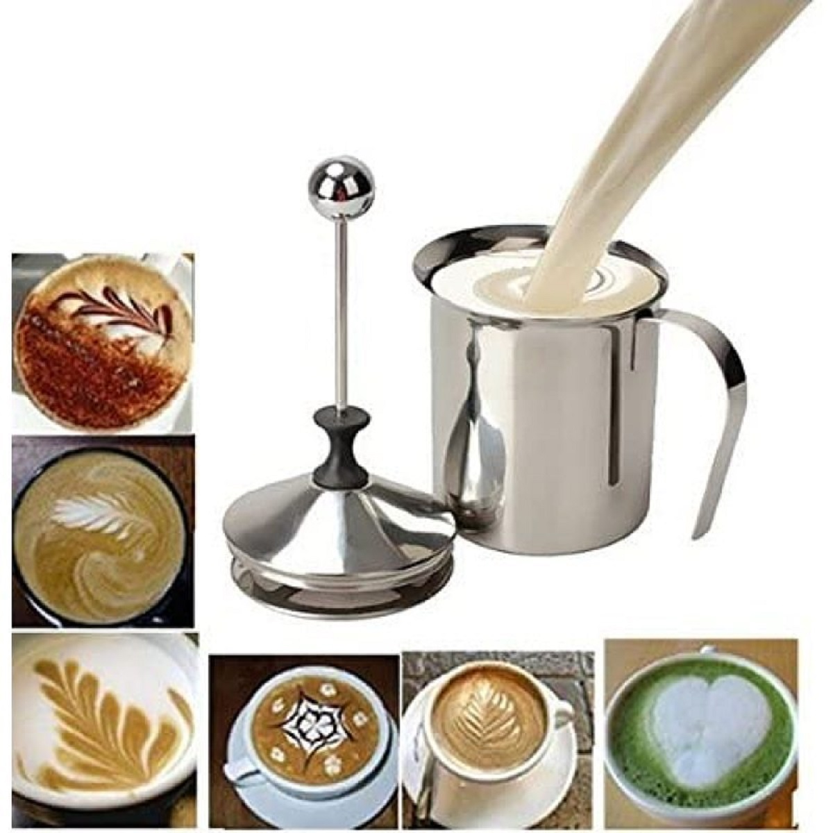 Ein Milchaufschäumer aus Edelstahl mit Beispielen für Latte Art in verschiedenen Kaffeetassen.