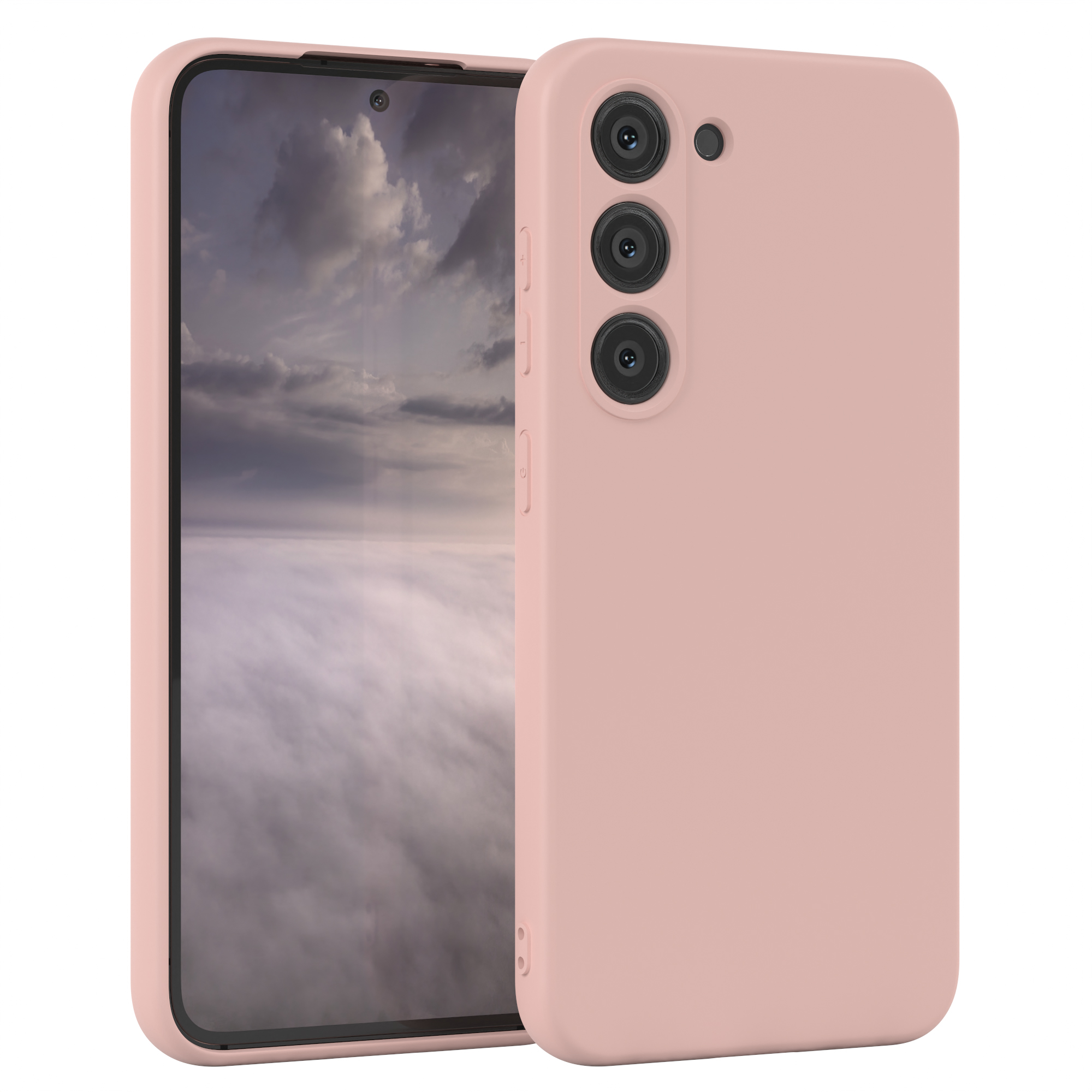 Rosa Telefon mit Schutzhülle und ein zweites Telefon. Wolken Hintergrund.