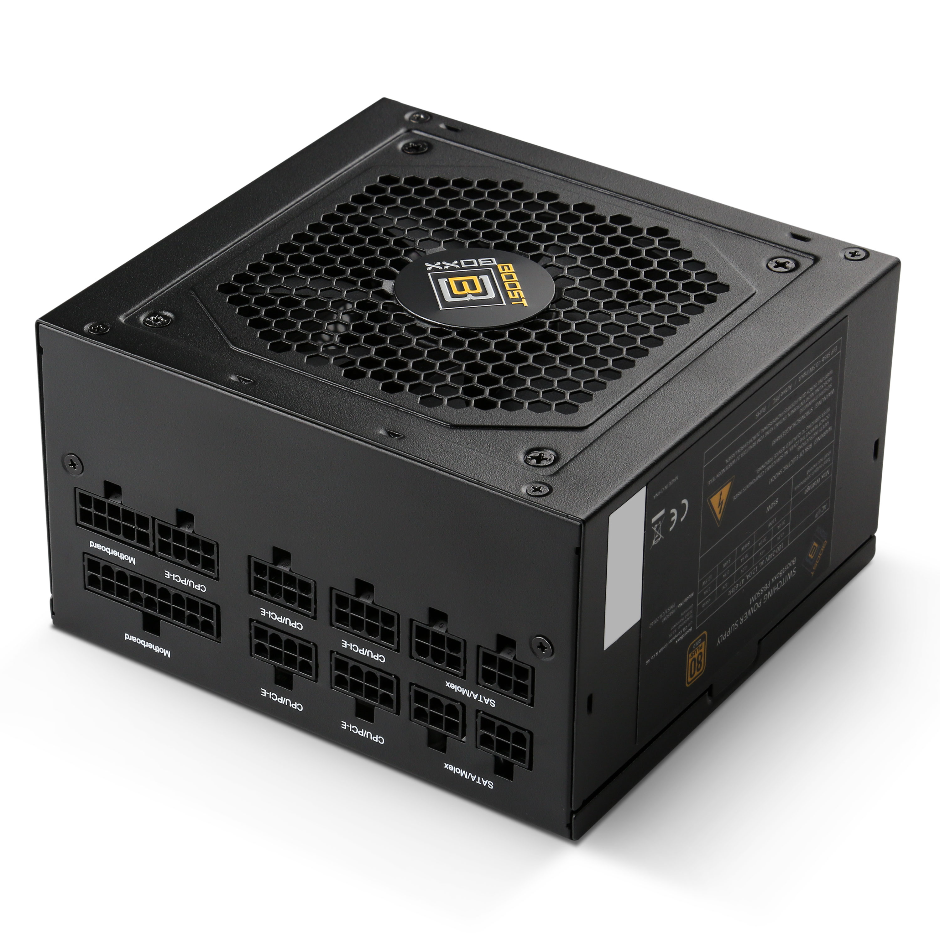 Schwarzes Computer-Netzteil mit mehreren Anschlüssen und einem Lüfter. Es hat ein Wabenmuster.