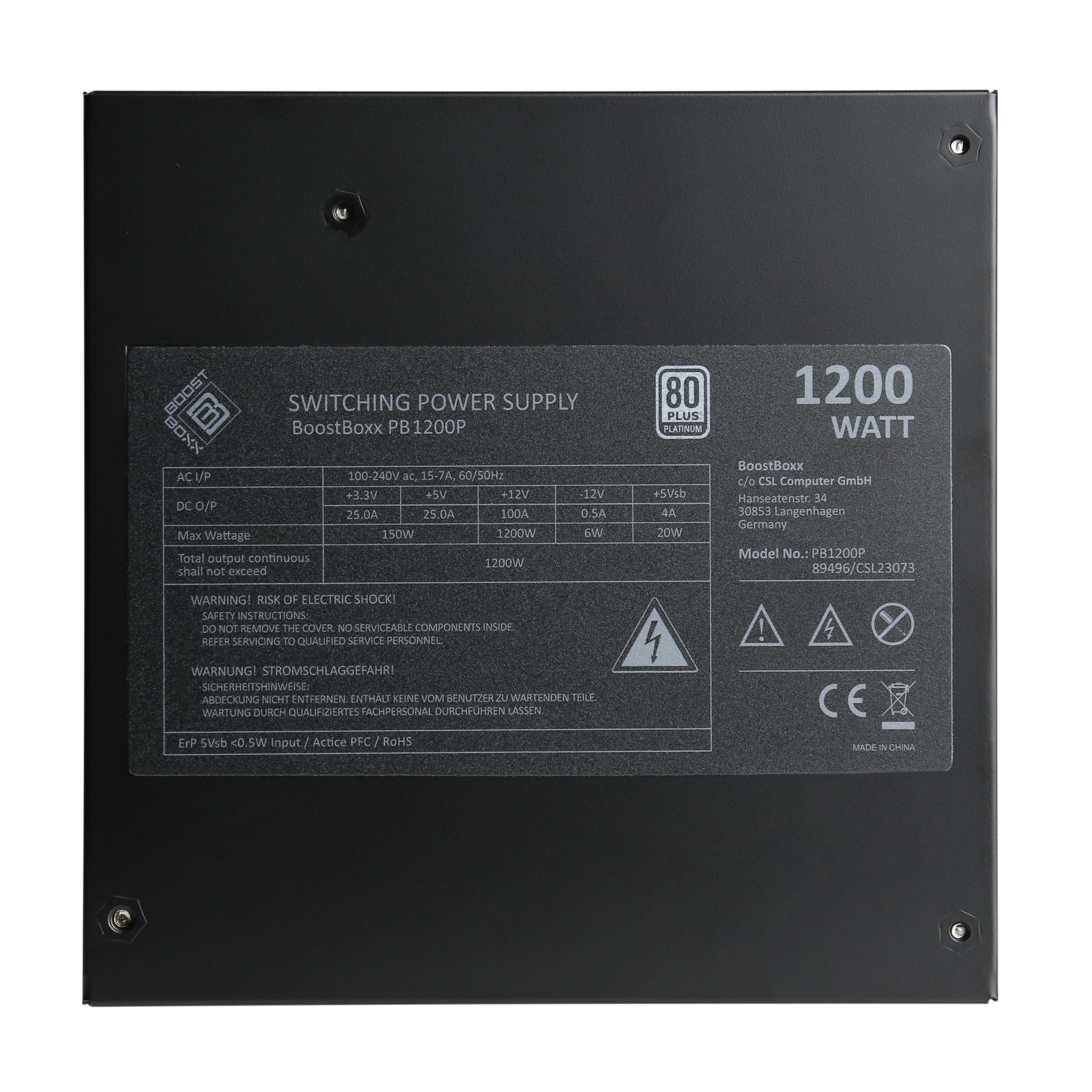 Ein schwarzes Netzteil mit weißem Text, Spezifikationen und Logos. Es ist ein 1200W Schaltnetzteil.