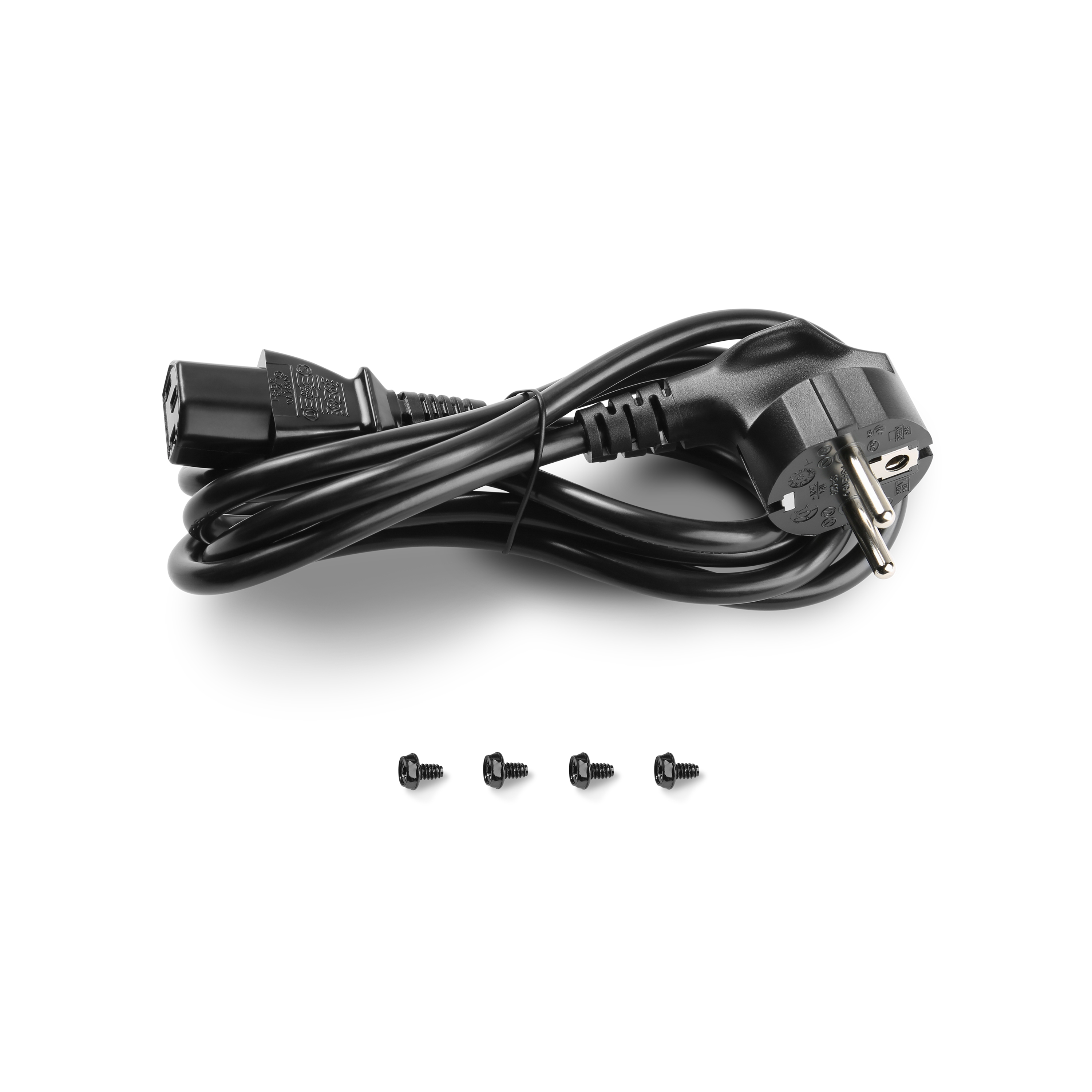 Schwarzes Netzkabel mit drei kleinen Schrauben.