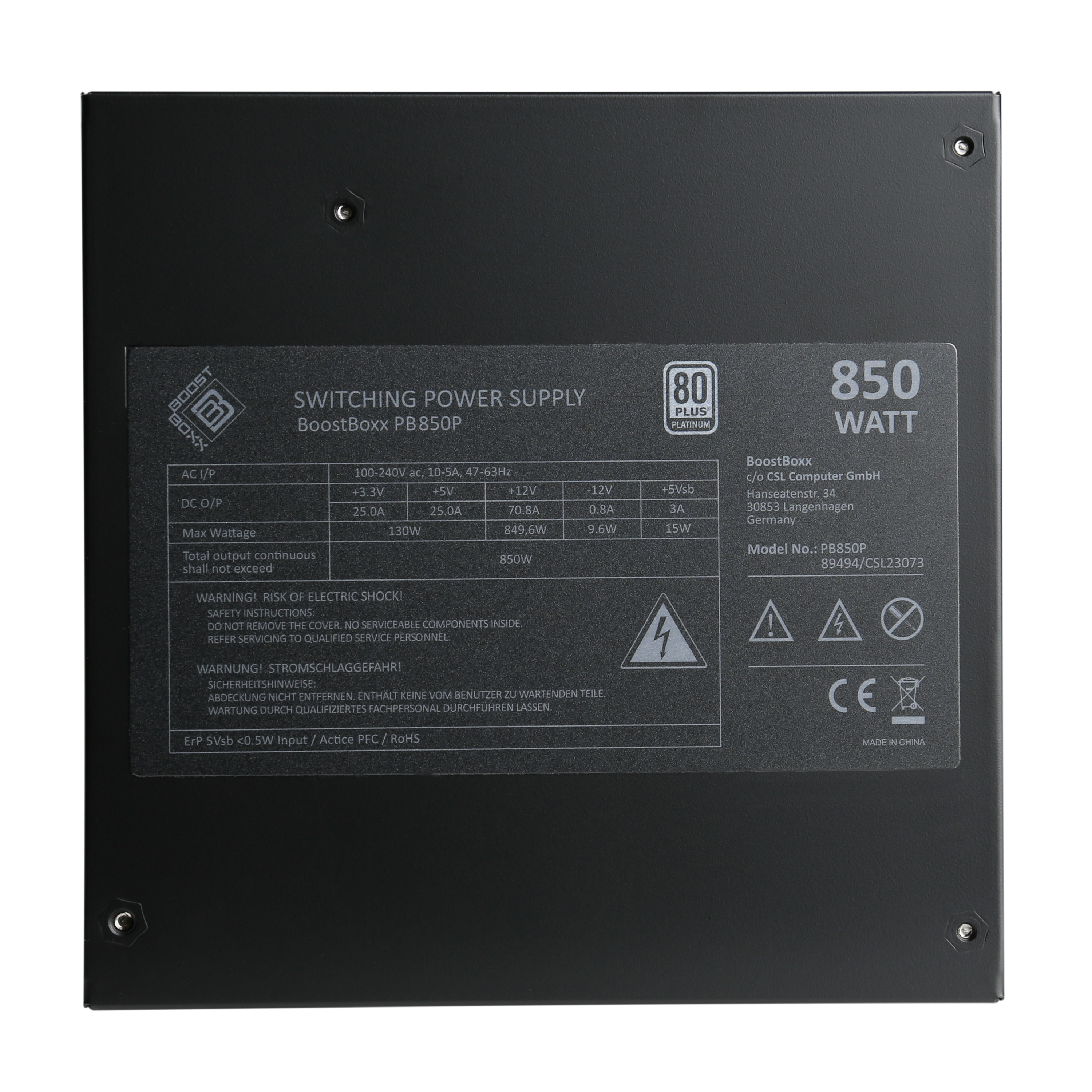 Schwarzes Netzteil mit Etiketten und Text. 850W. Modellnummer und Zertifizierungsinformationen.