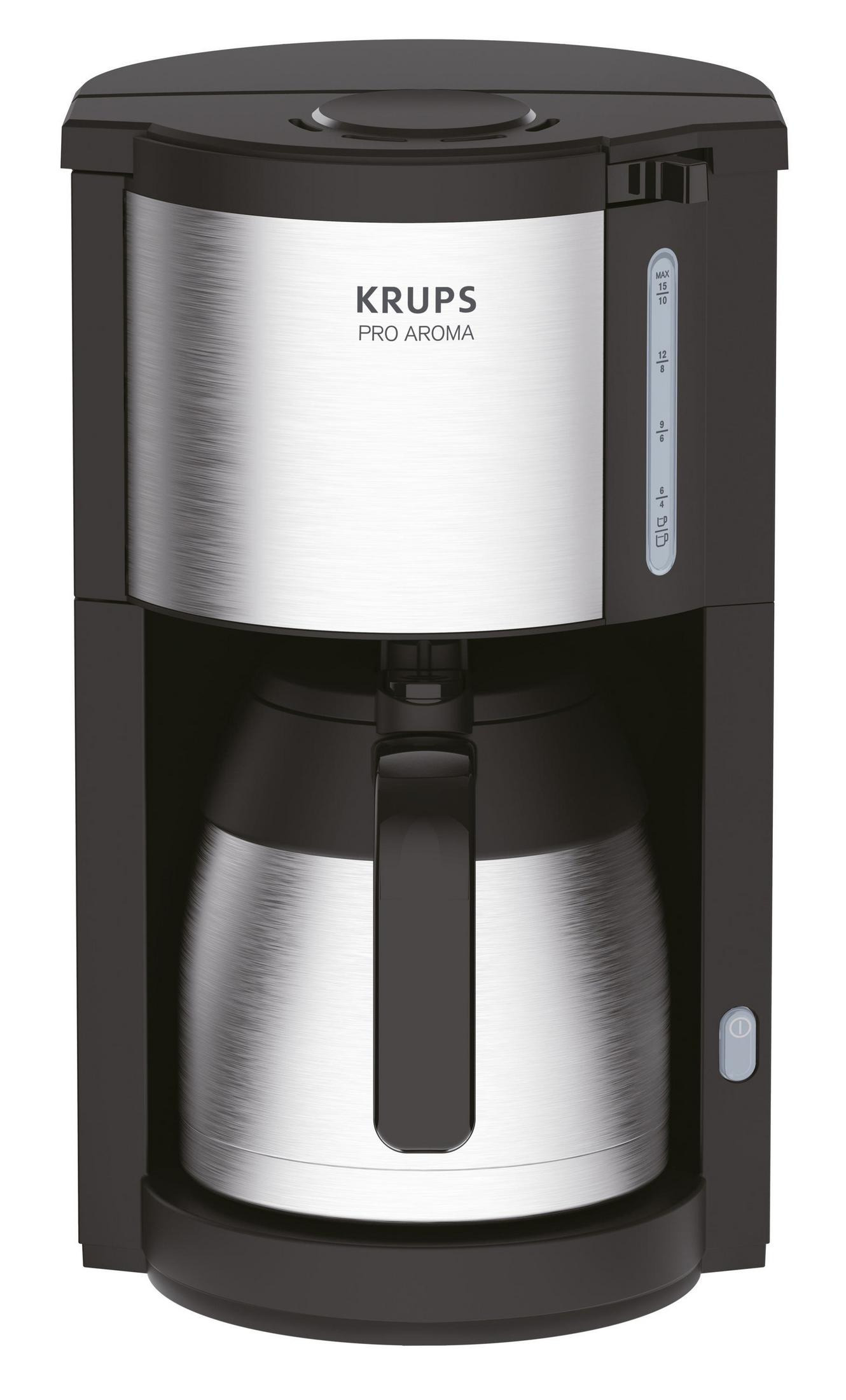 Schwarze und silberne Krups Pro Aroma Kaffeemaschine, mit Griff, Wasserstandsanzeige und Ein-Aus-Taste.