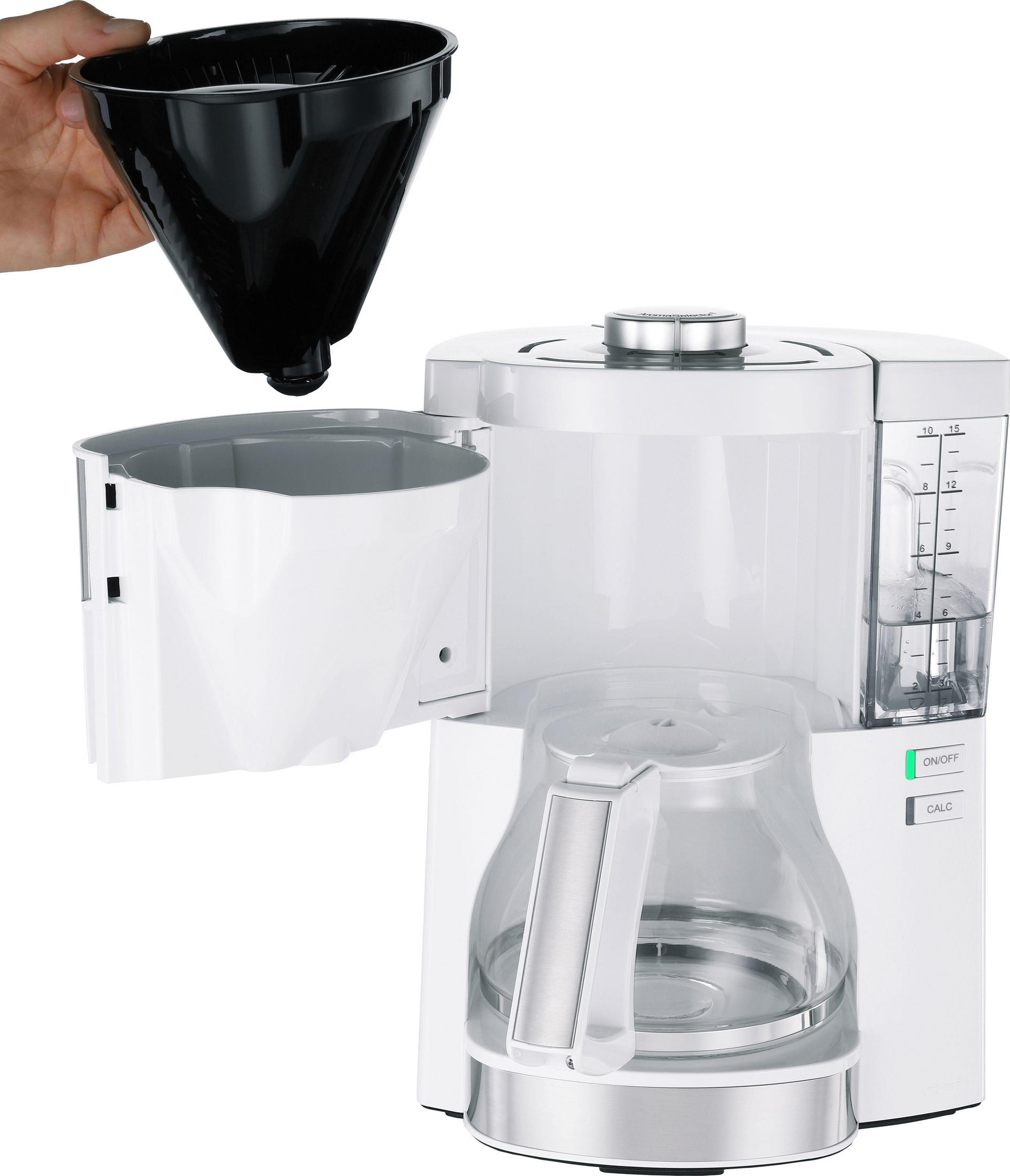 Biały ekspres do kawy z przezroczystym dzbankiem. Ręka wkłada czarny filtr.