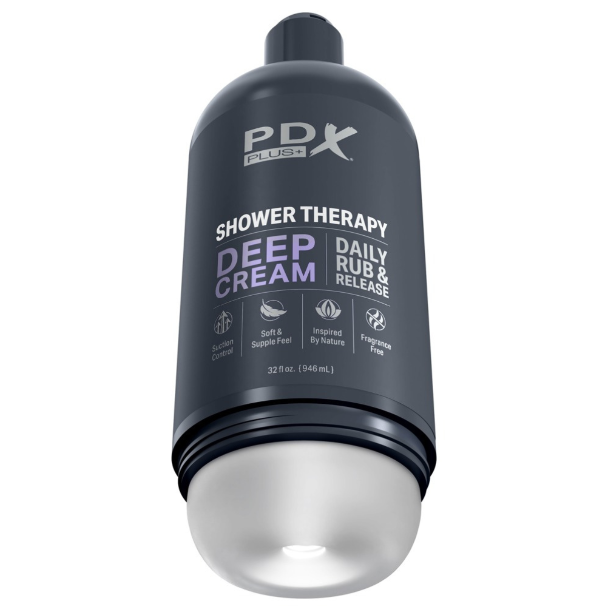 Duschtherapie-Tiefencreme-Flasche. Die Flasche ist schwarz mit weißem Boden. Textdetails auf der Flasche.
