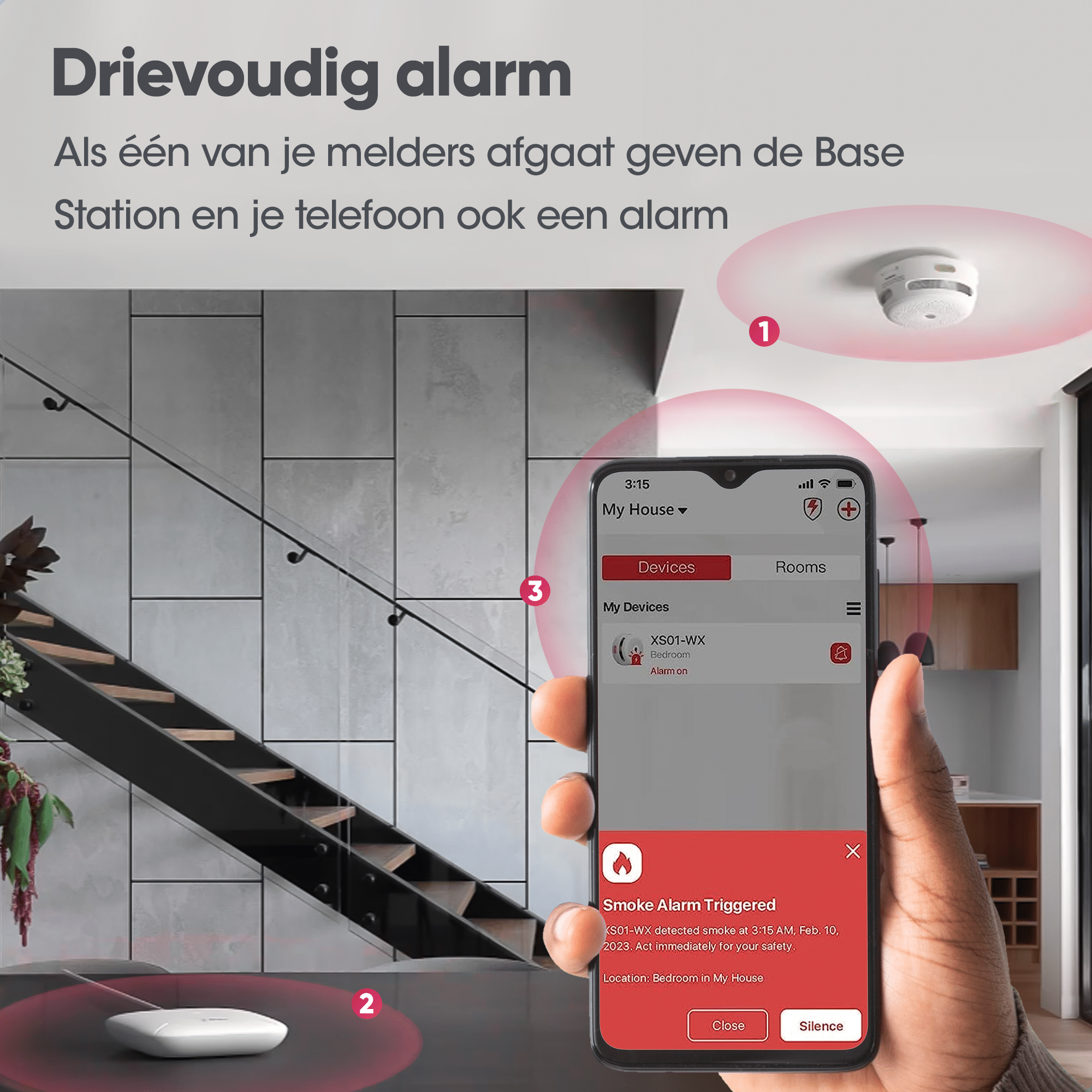 Bild zeigt Rauchmelder und Telefon mit ausgelöstem Alarm und Wohnraum.