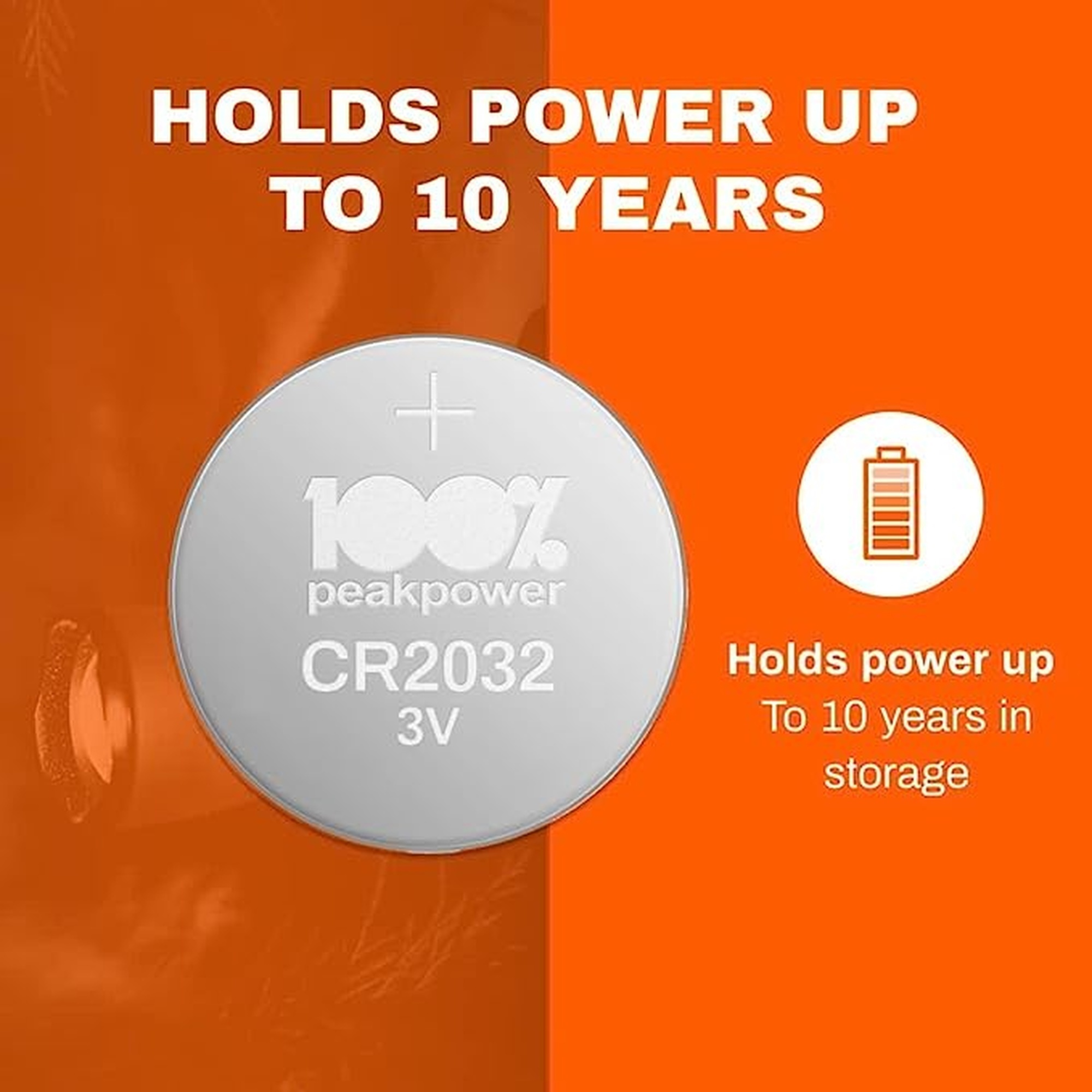 Batería circular con texto '100% peakpower CR2032 3V' sobre un fondo naranja.
