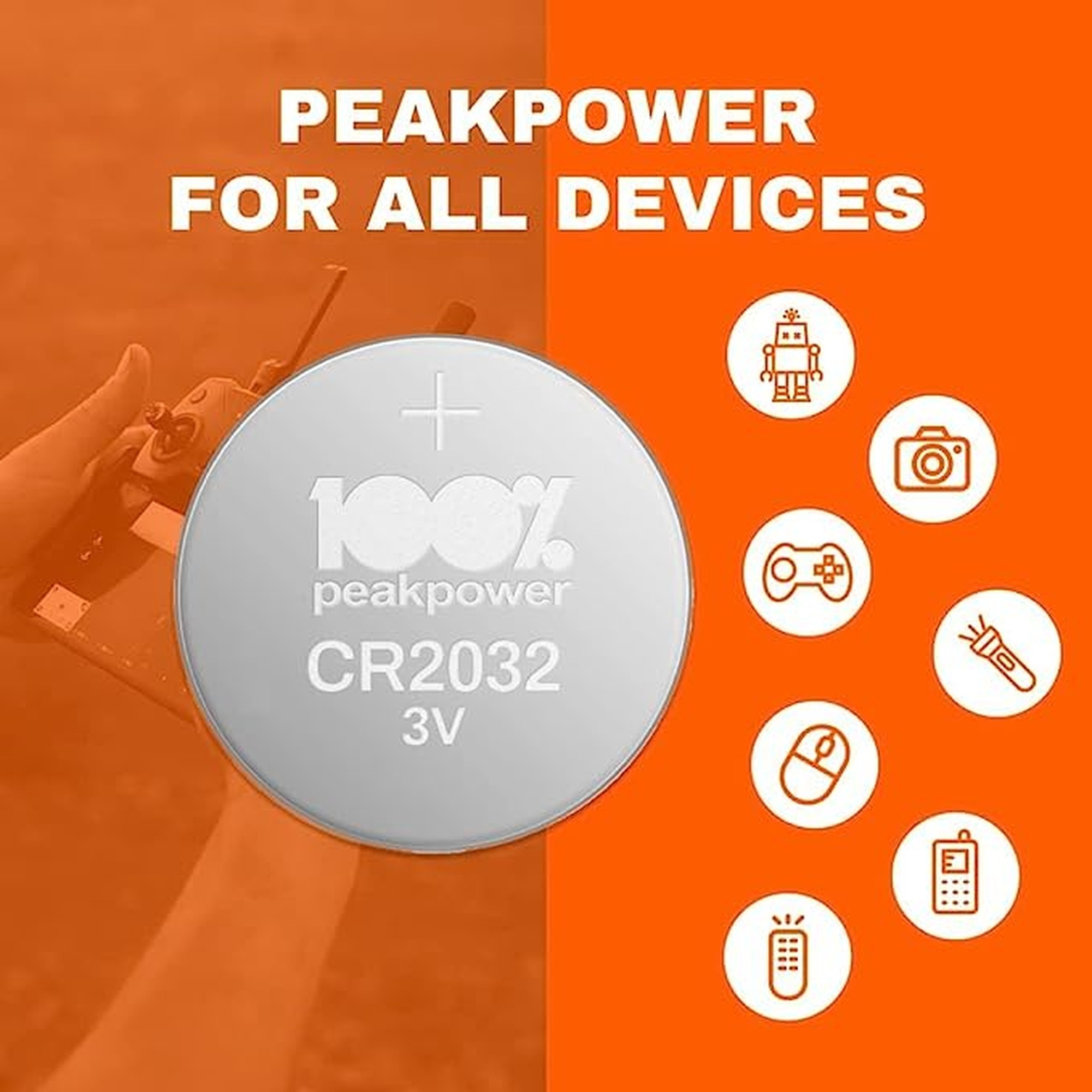Pila CR2032 con 3V e iconos sobre fondo naranja.