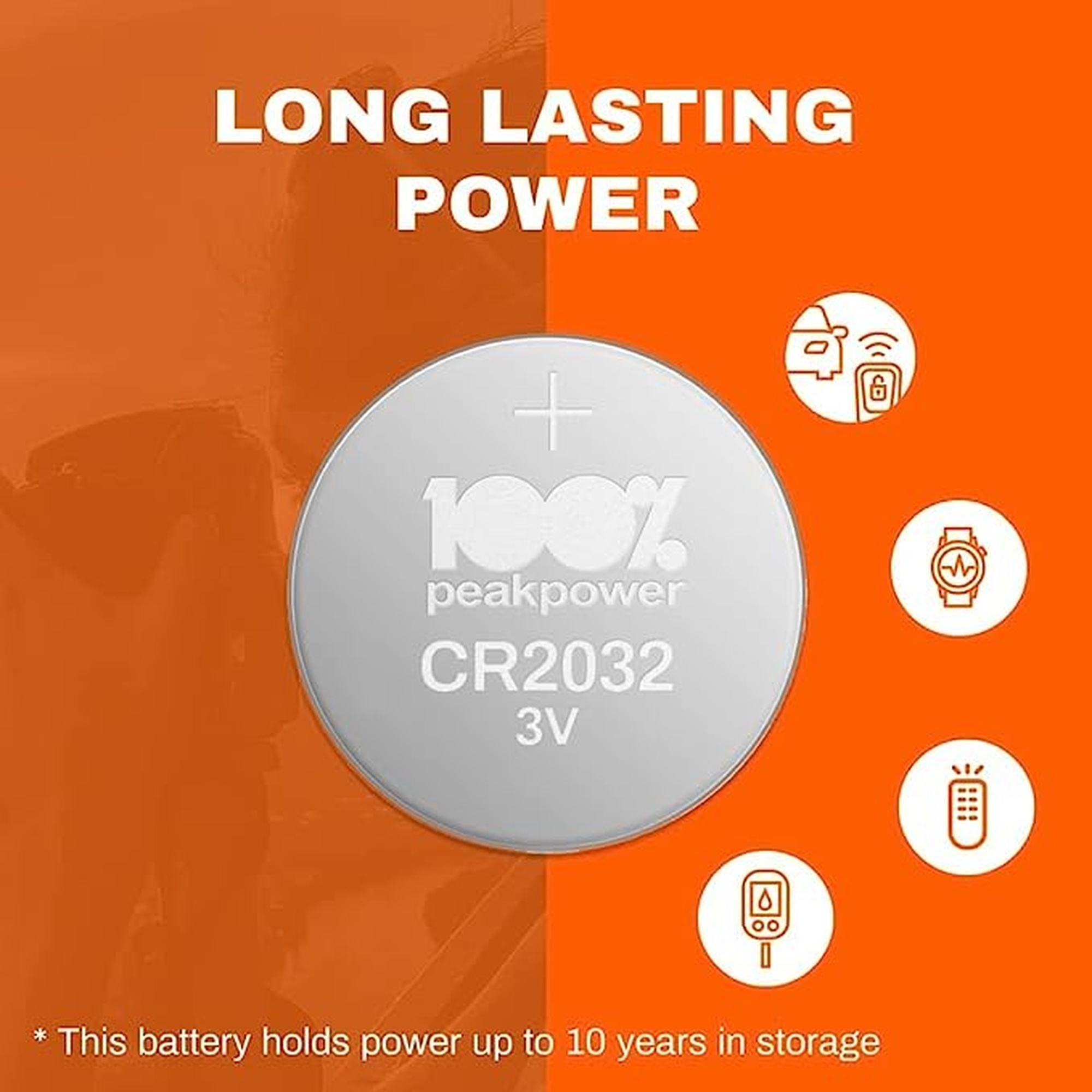 Pila de botón con texto: 100% peakpower, CR2032 3V. Iconos: mando, reloj, mando y una batería.