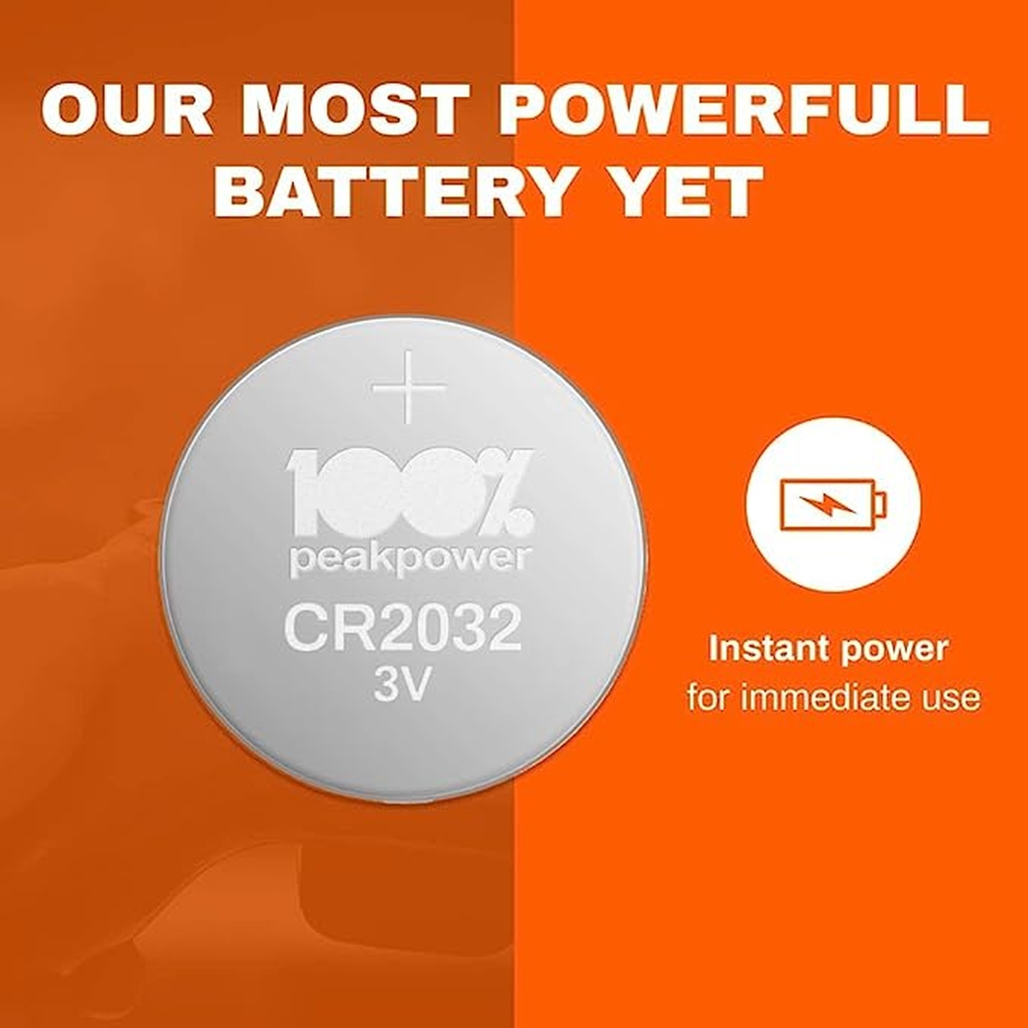Una batería plateada y texto que dice '100% peakpower'. Un fondo naranja.
