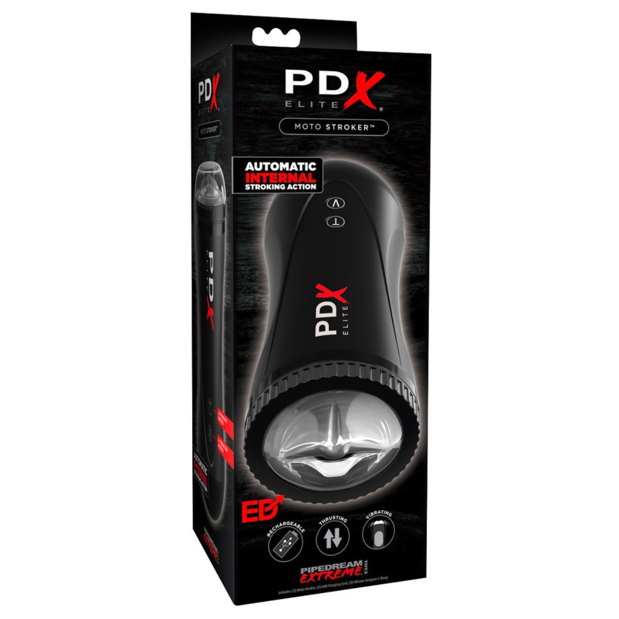 Eine schwarze PDX Elite Moto Stroker-Verpackung. Die Box zeigt das Produkt mit Funktionen und Branding.