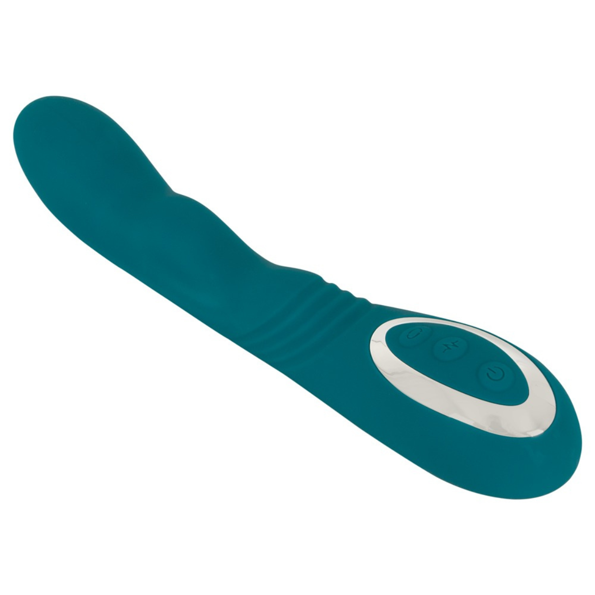 Türkisfarbener Vibrator mit Knöpfen, auf weißem Hintergrund abgewinkelt.