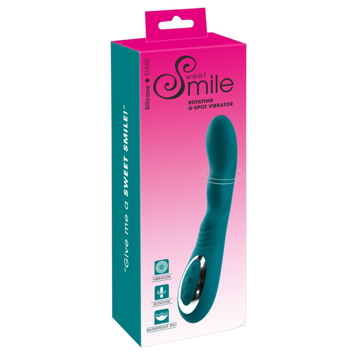 Kasten mit einem tealfarbenen Vibrator. Der Text lautet 'Gib mir ein süßes Lächeln!'. Die Marke ist 'Sweet Smile'.