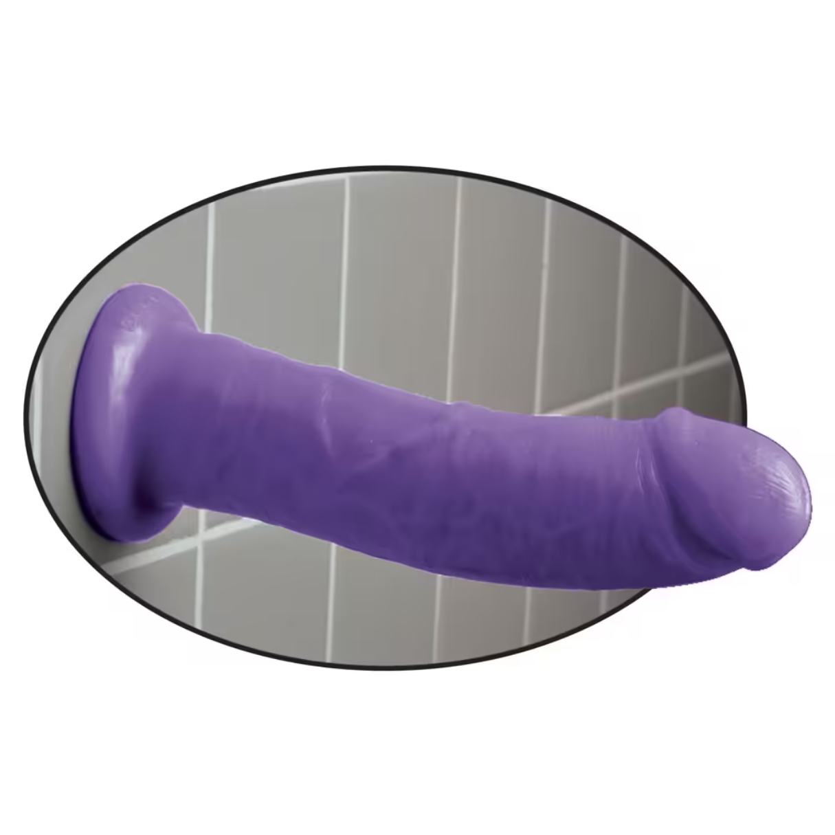 Juguete sexual morado con cabeza bulbosa, dentro de un marco ovalado blanco contra azulejos grises.