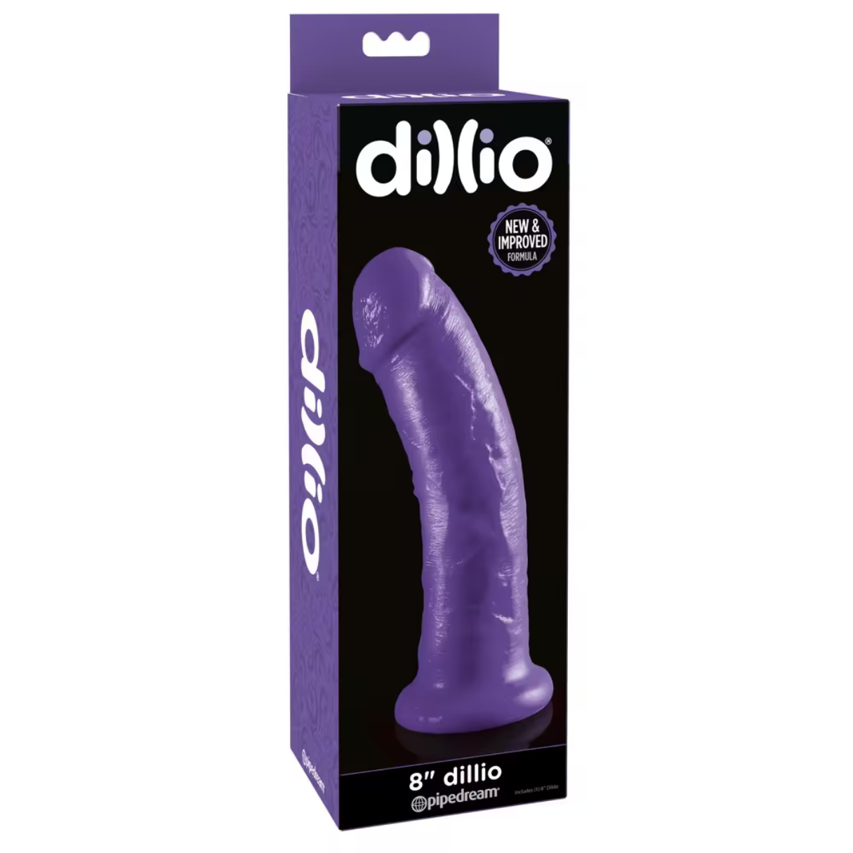 Dildo morado en una caja con texto. Se muestra 'Nueva y mejorada fórmula'.
