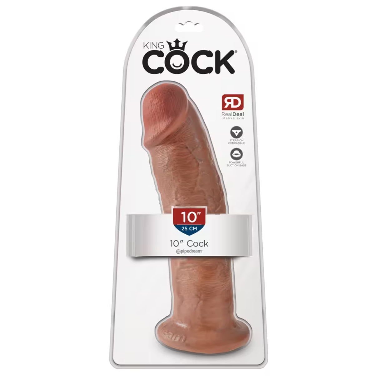 Ein brauner Dildo in der Verpackung. Auf der Verpackung steht King Cock, 10 Zoll und RealDeal. Es hat einen Saugfuß.