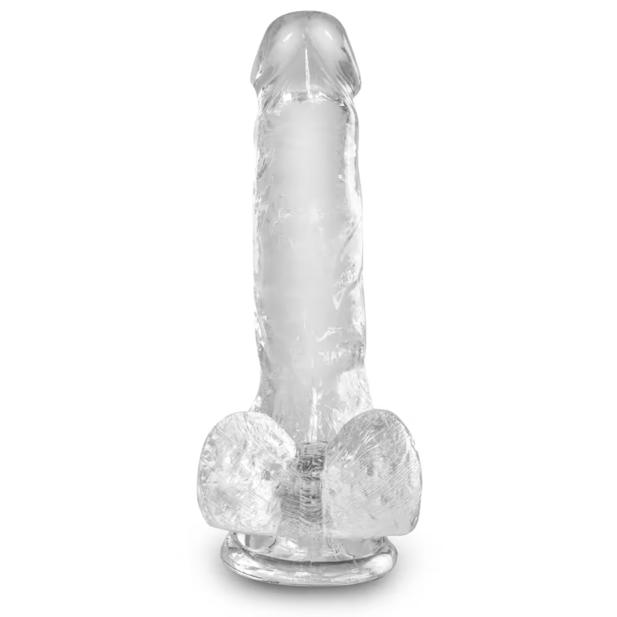 Ein klares, transparentes, phallusförmiges Objekt auf weißem Hintergrund.