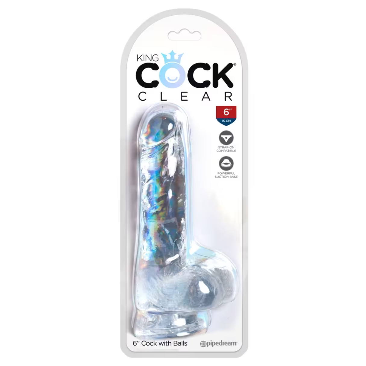 Transparenter Dildo in Verpackung. Er ist transparent, strukturiert und hat einen Saugfuß.